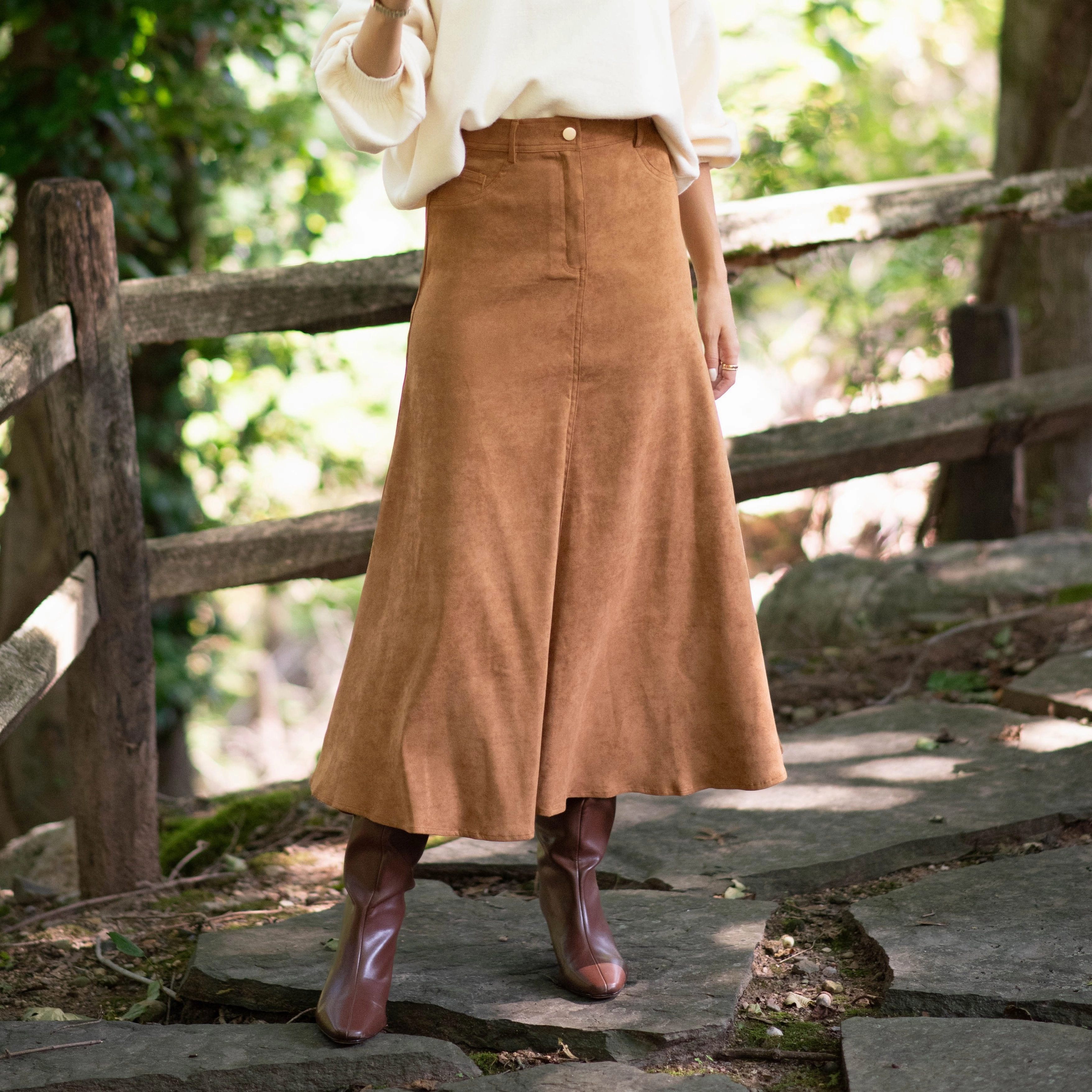 Functional Detail Twist Front Design Suede Maxi Skirt | Camel