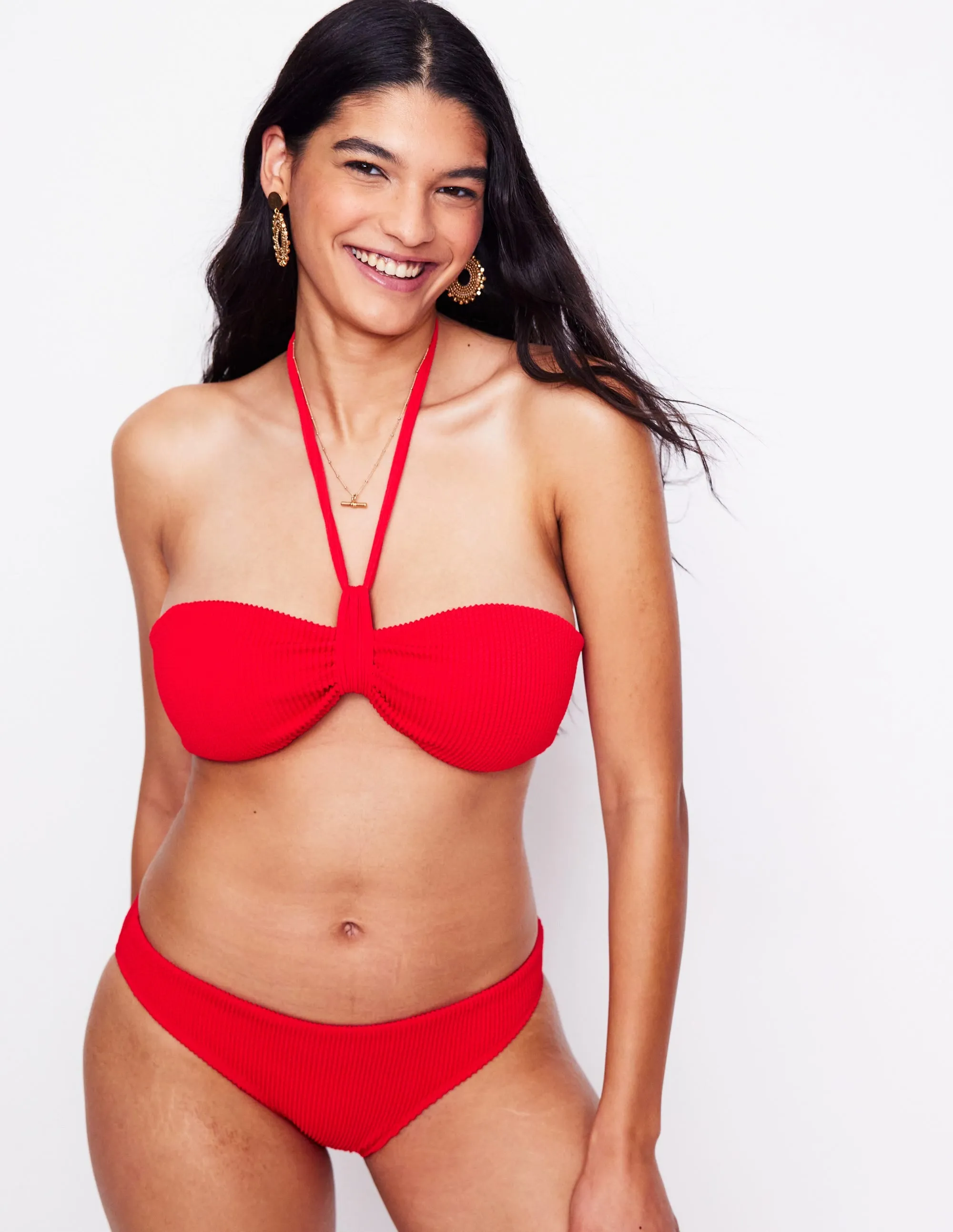 Double Layered Front Convertible Strap System Crinkle Texture Bikini Top-Tulip Red