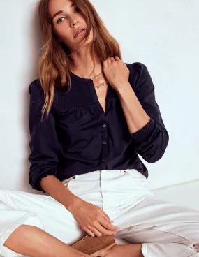 Elsa Smocked Yoke Jersey Shirt-Navy OdorResistant Fabric