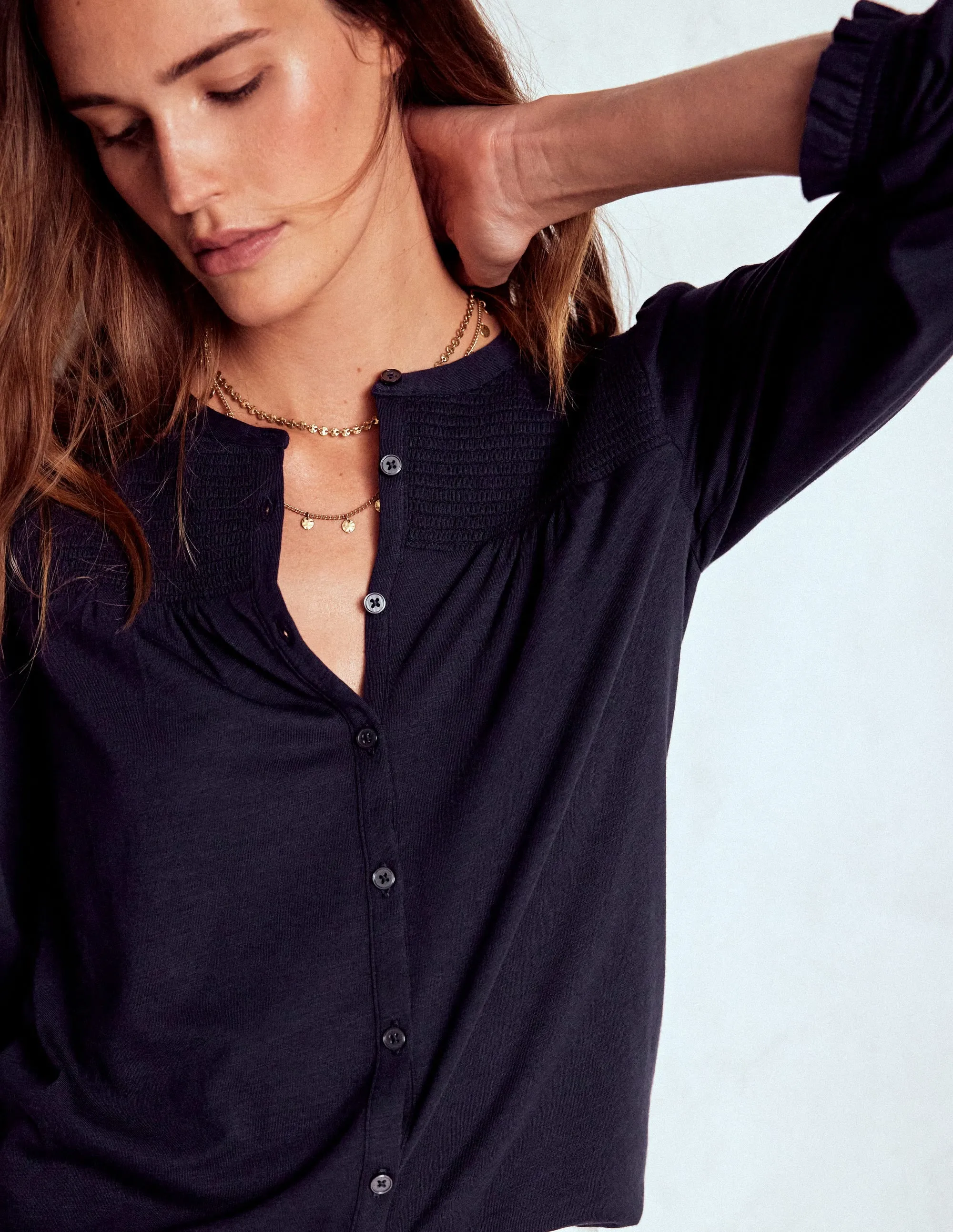 SeamFree Knitting Elsa Smocked Yoke Jersey Shirt-Navy