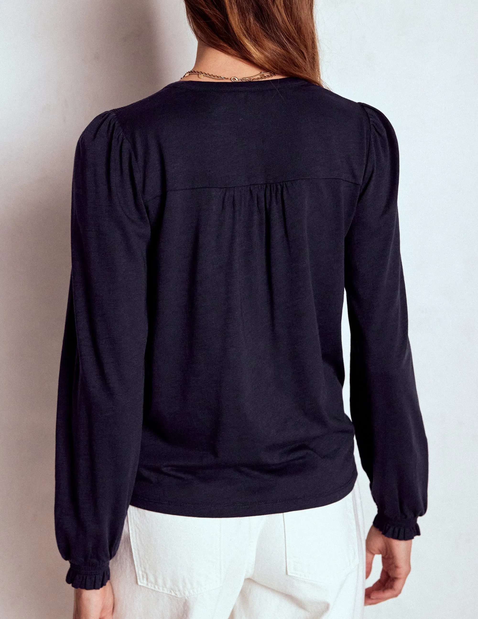 Elsa Smocked Yoke Jersey Shirt-Navy ElasticEdgeBinding