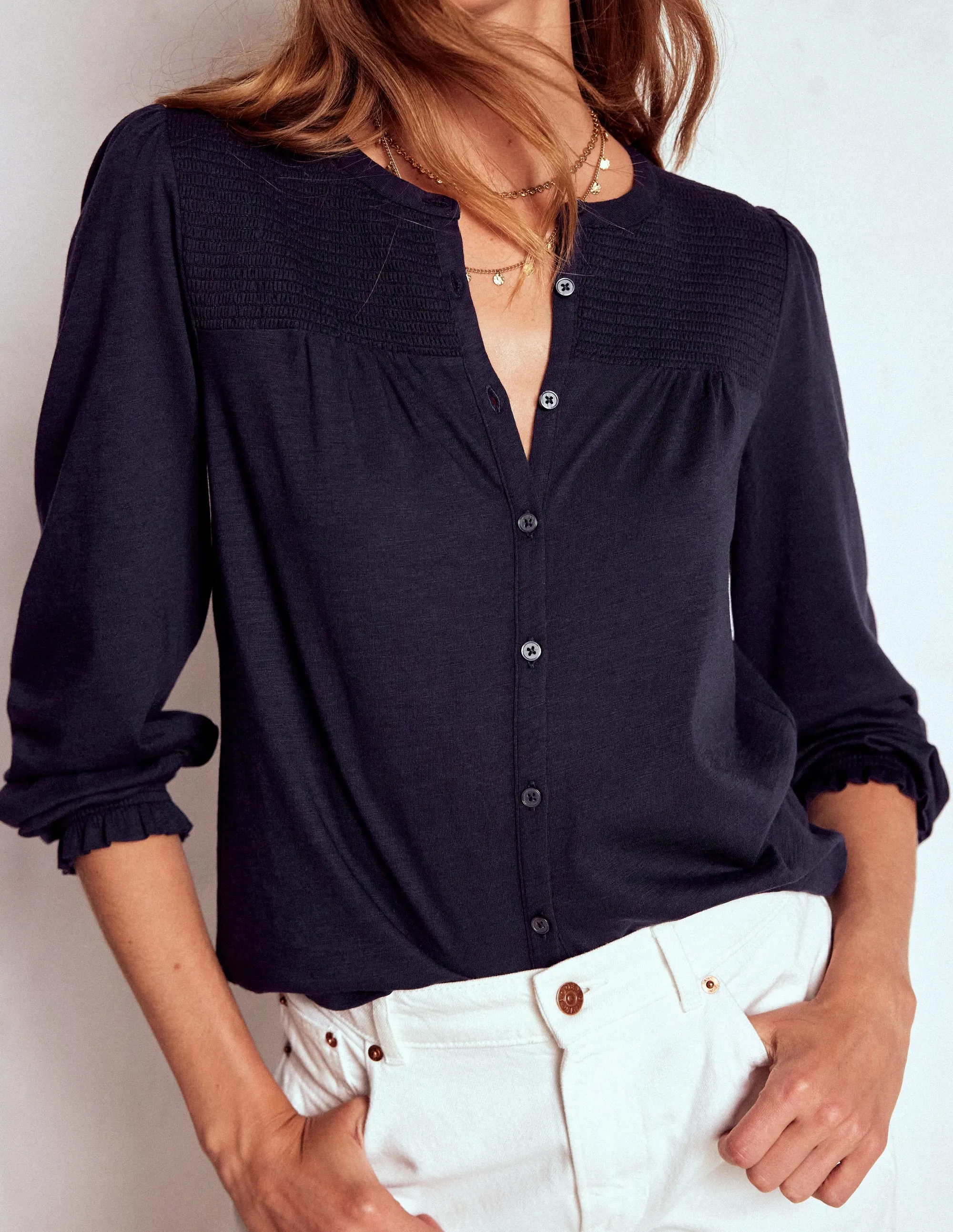 Elsa Smocked Yoke Jersey Shirt-Navy Organic Cotton Blend