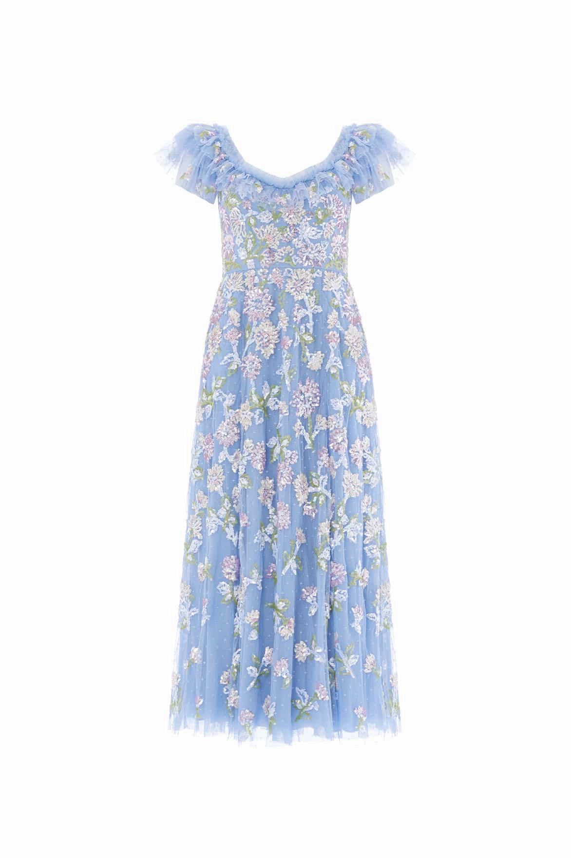 Comfortable Silhouette Button Accent Sequin Dandelion Ruffle Ballerina Dress