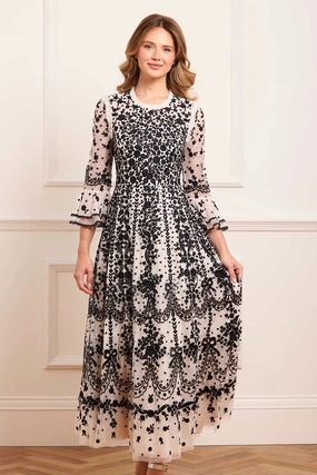 Low-Waist Tonal-Stitching Adeline Round Neck Ankle Gown