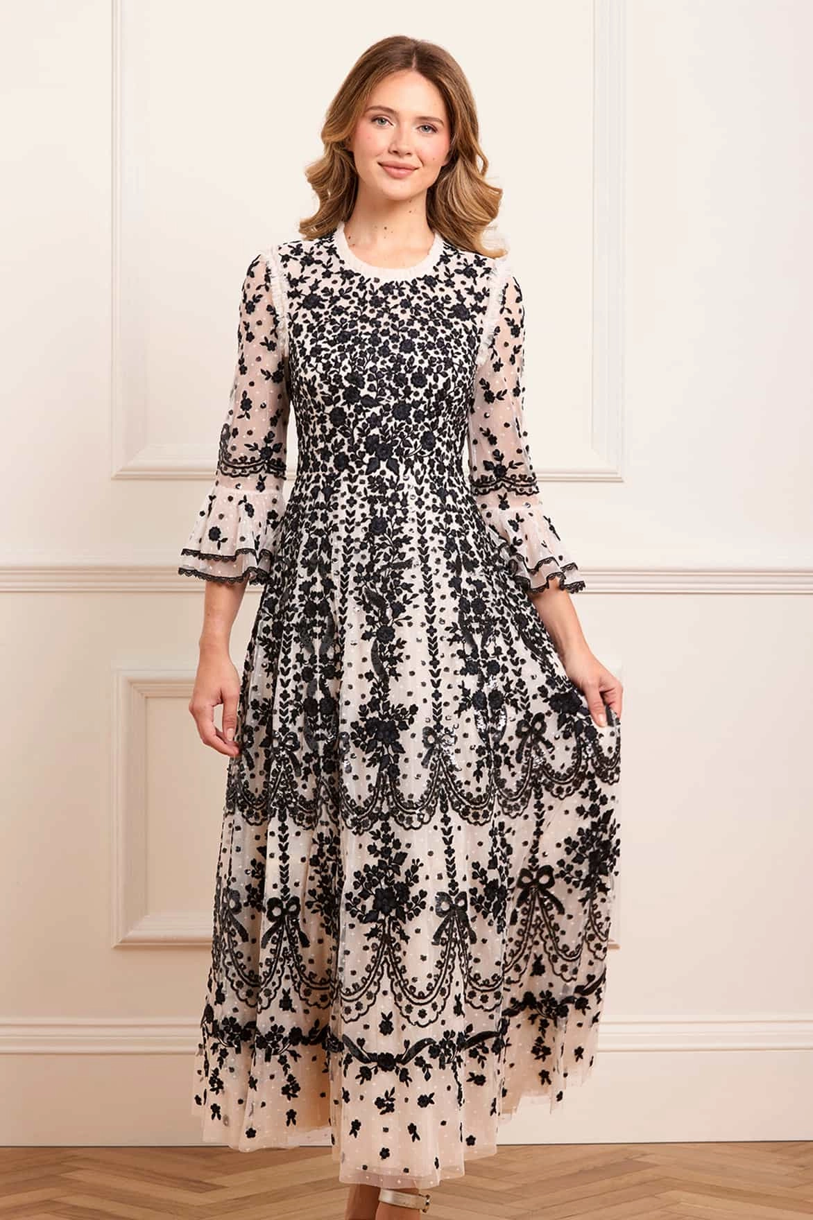 Low-Waist Tonal-Stitching Adeline Round Neck Ankle Gown