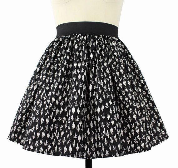 Cute Cacti A-line Pleated Skirt In Black Trendy Mood Functional Look