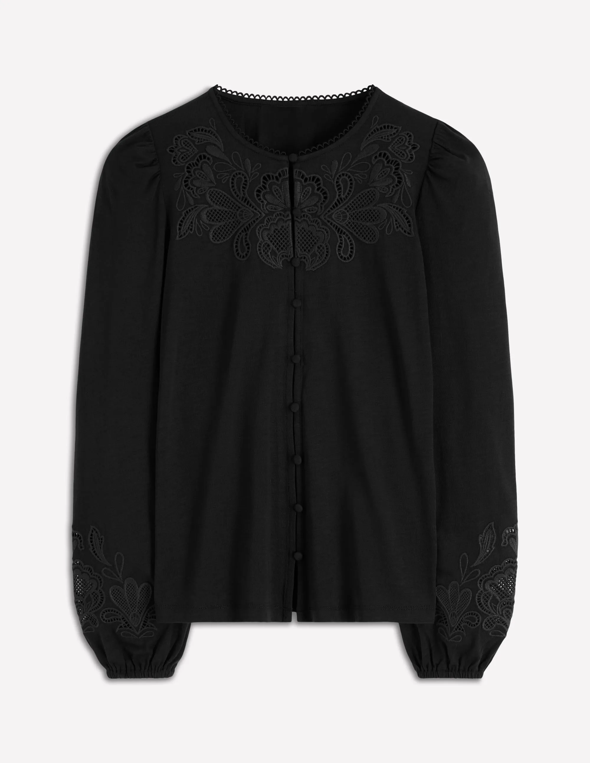 Cutwork Detail Jersey Top-Black Contrast Stitch