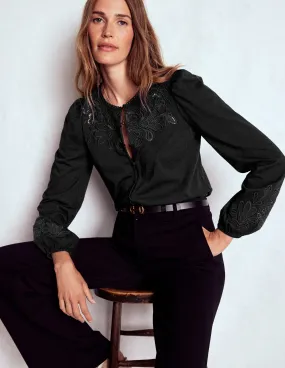 ContrastPlacket Cutwork Detail Jersey Top-Black