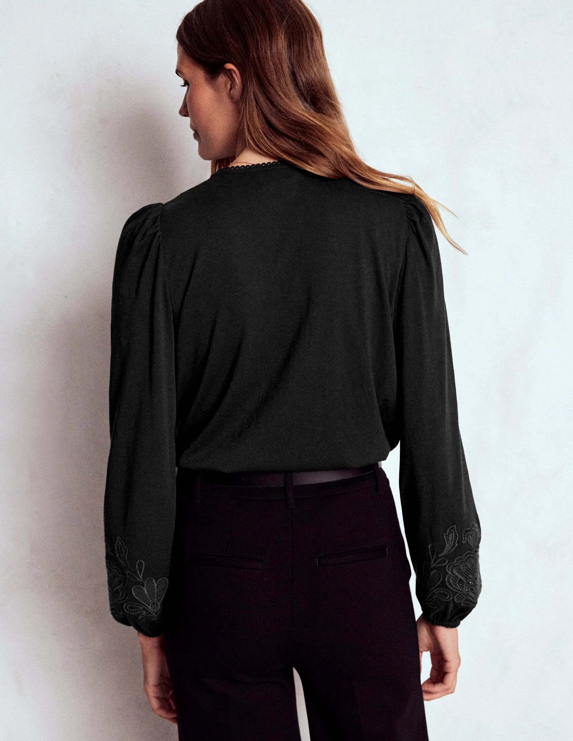 Cutwork Detail Jersey Top-Black Formal Shirt