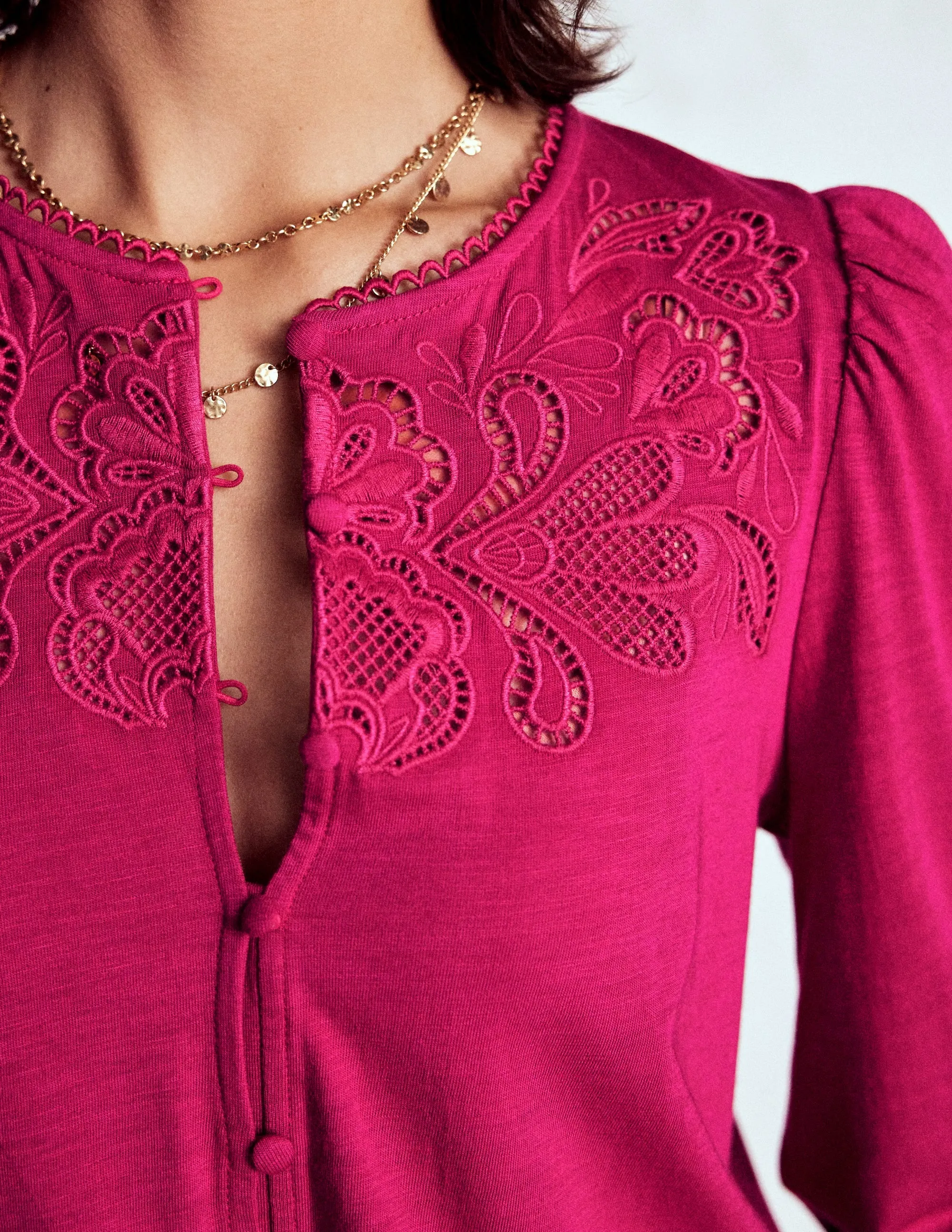 Cutwork Detail Jersey Top-Vibrant Pink RawHemDetail