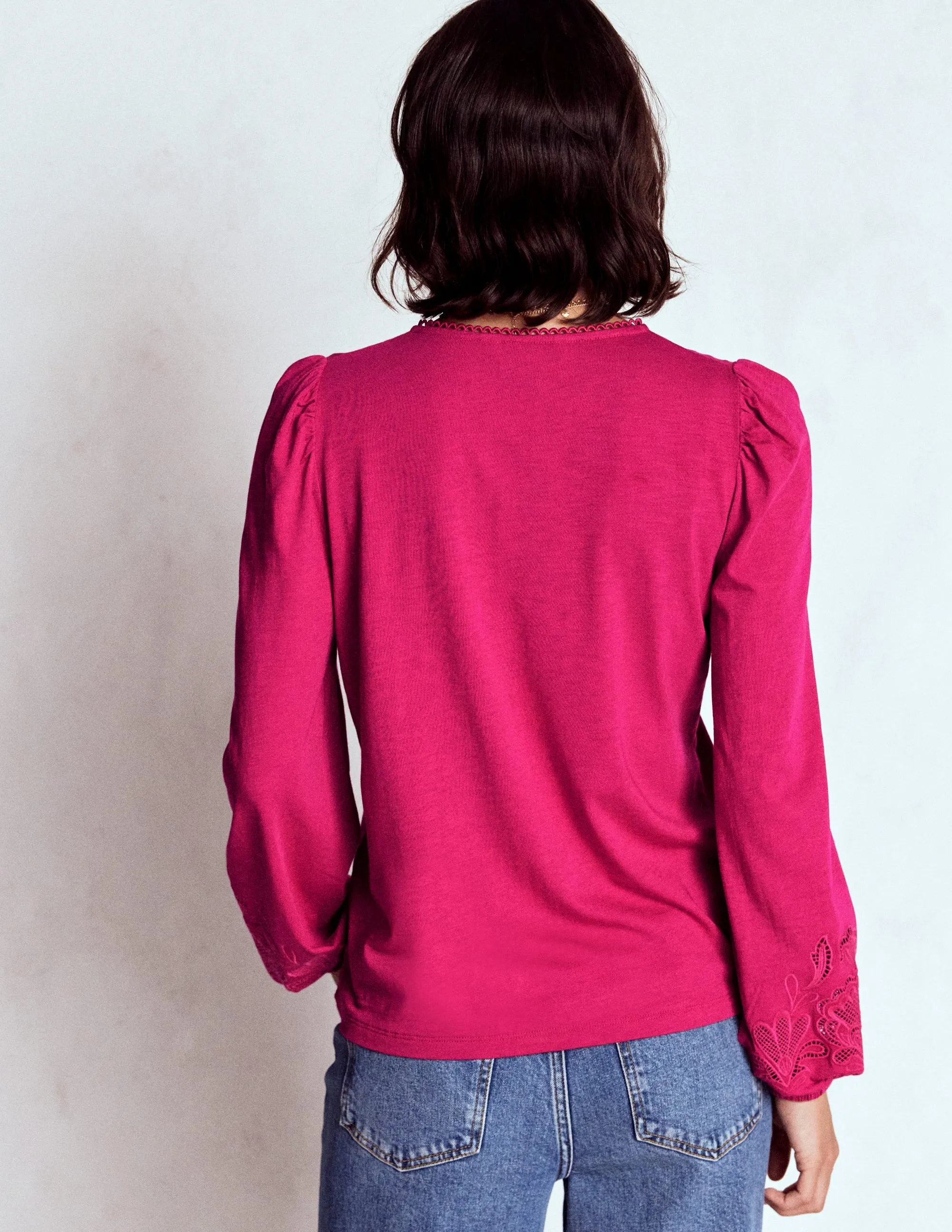 Cutwork Detail Jersey Top-Vibrant Pink Reinforced Shoulder