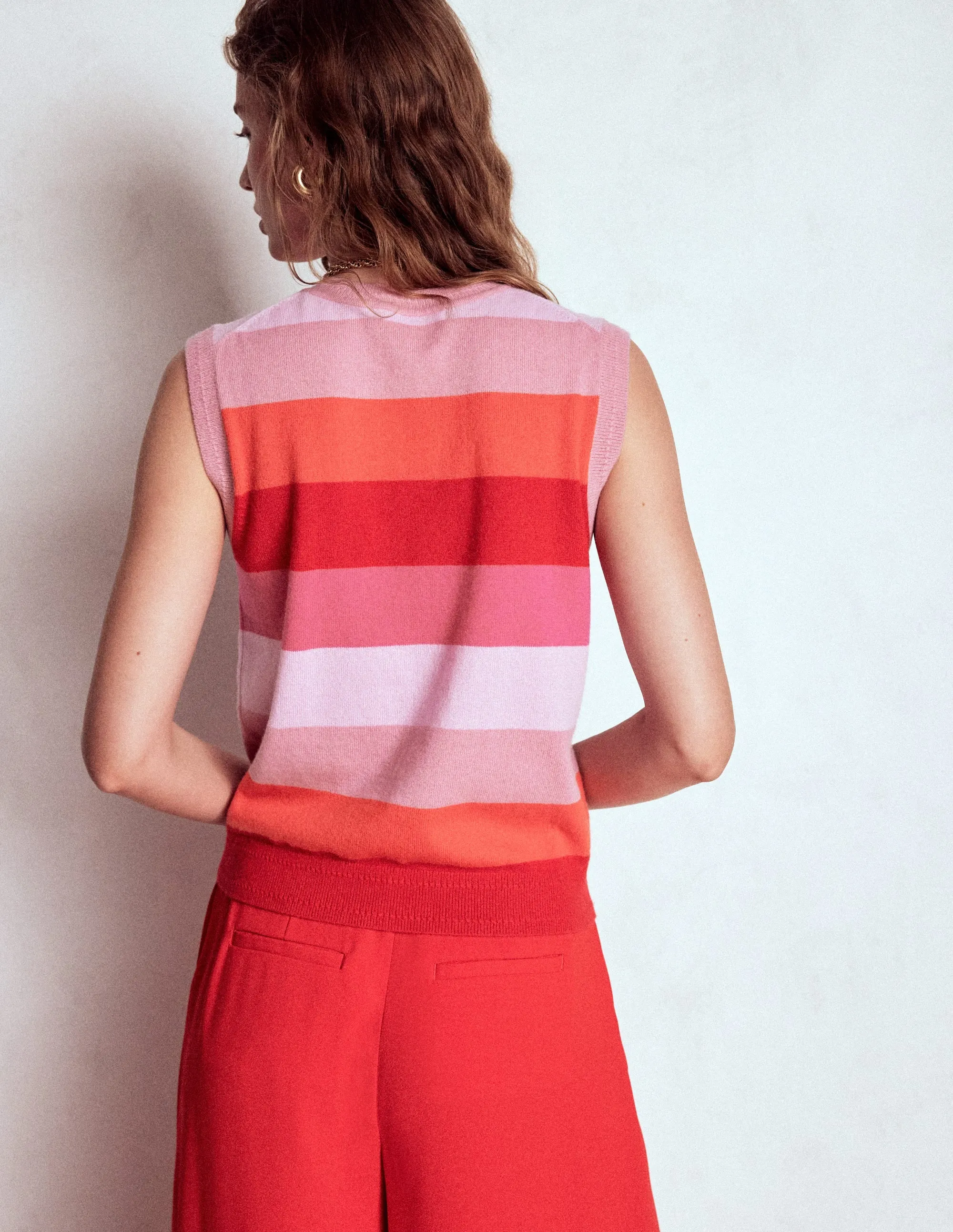 Eva Cashmere Tank-Pink/ Orange Stripe Chunky Cable Knit Zero Waste Knitting Technique