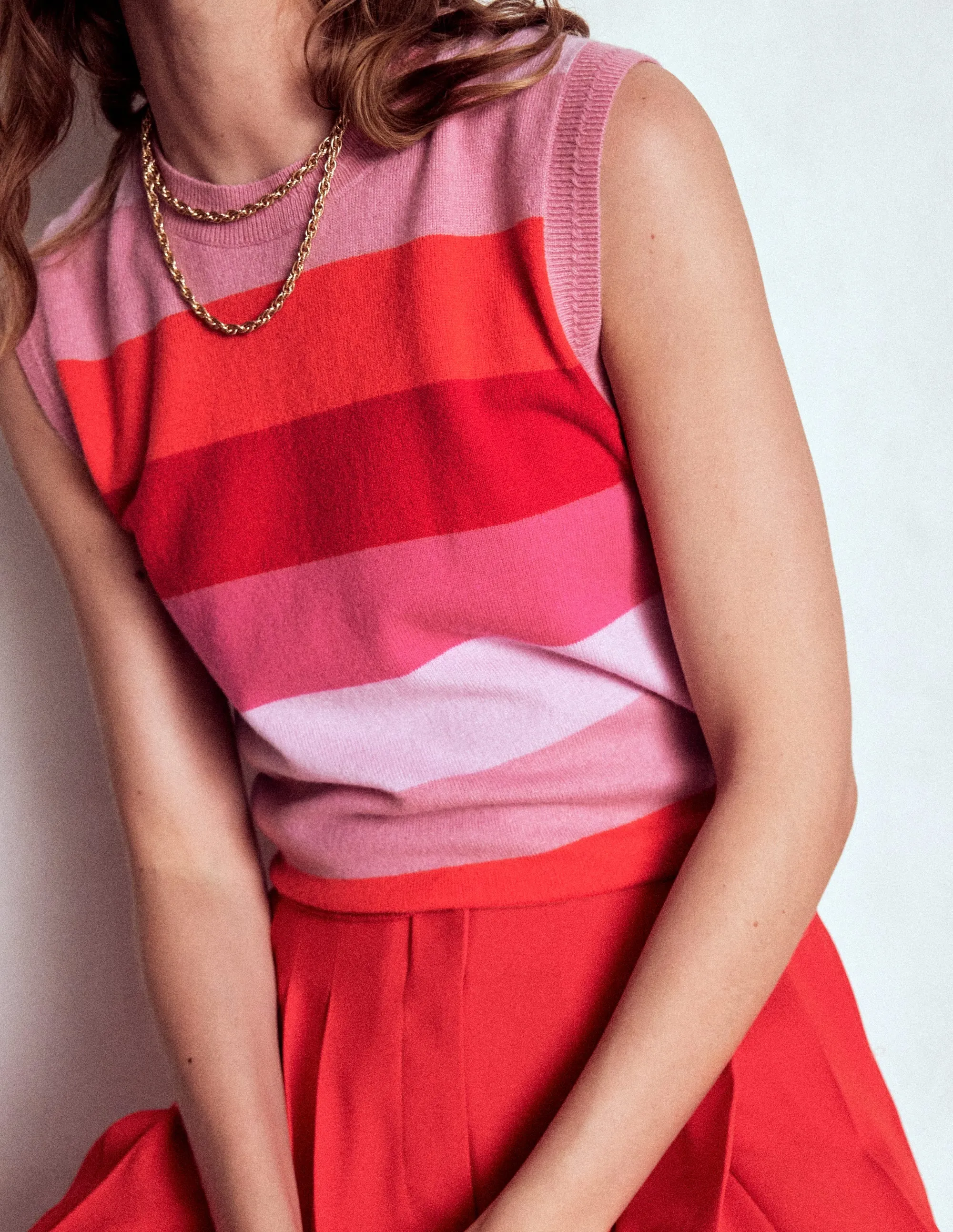 Eva Cashmere Tank-Pink/ Orange Stripe Anti Pilling Technology