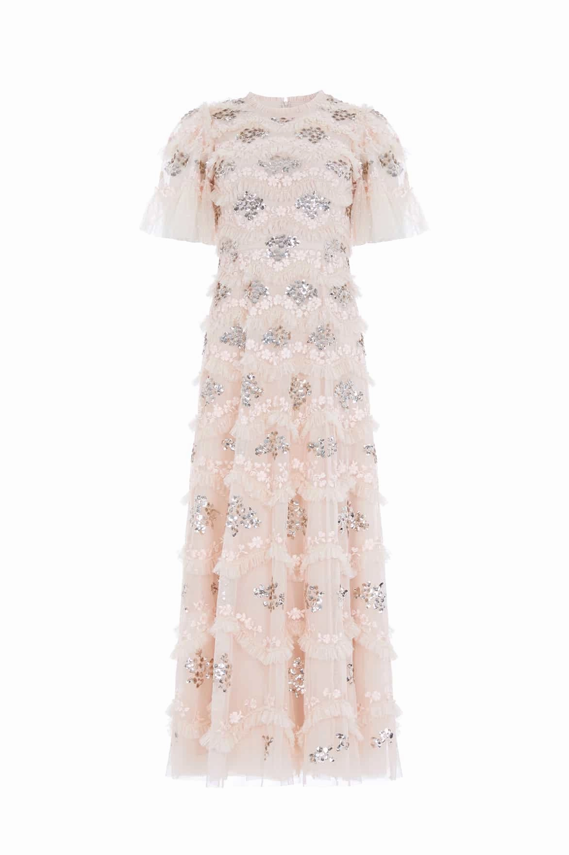 Embroidered-Detail Contrast-Panel Daisy Wave Ankle Gown