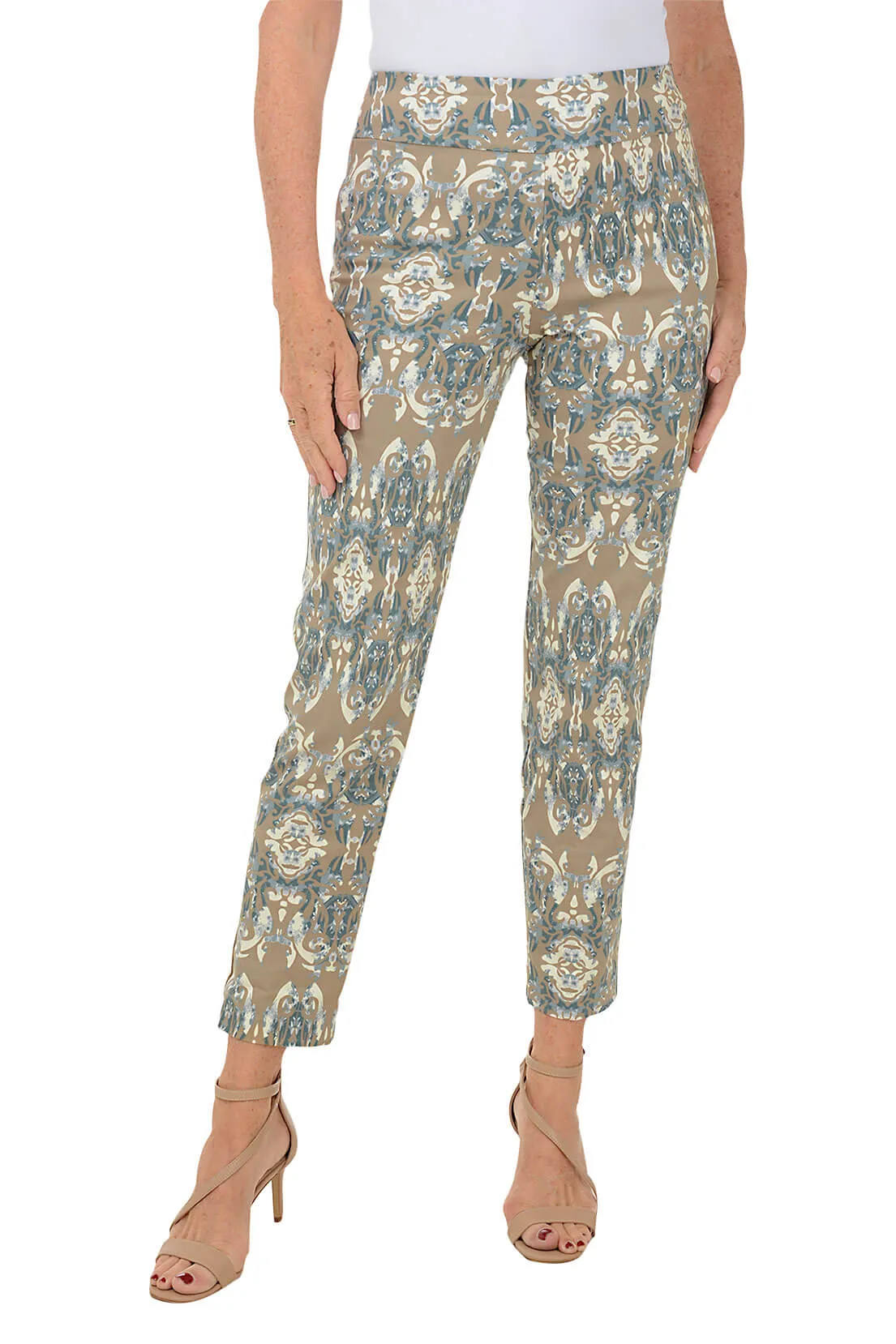 Damask Mosaic Pull-On Ankle Pant Twill Weave Texture Bold Design