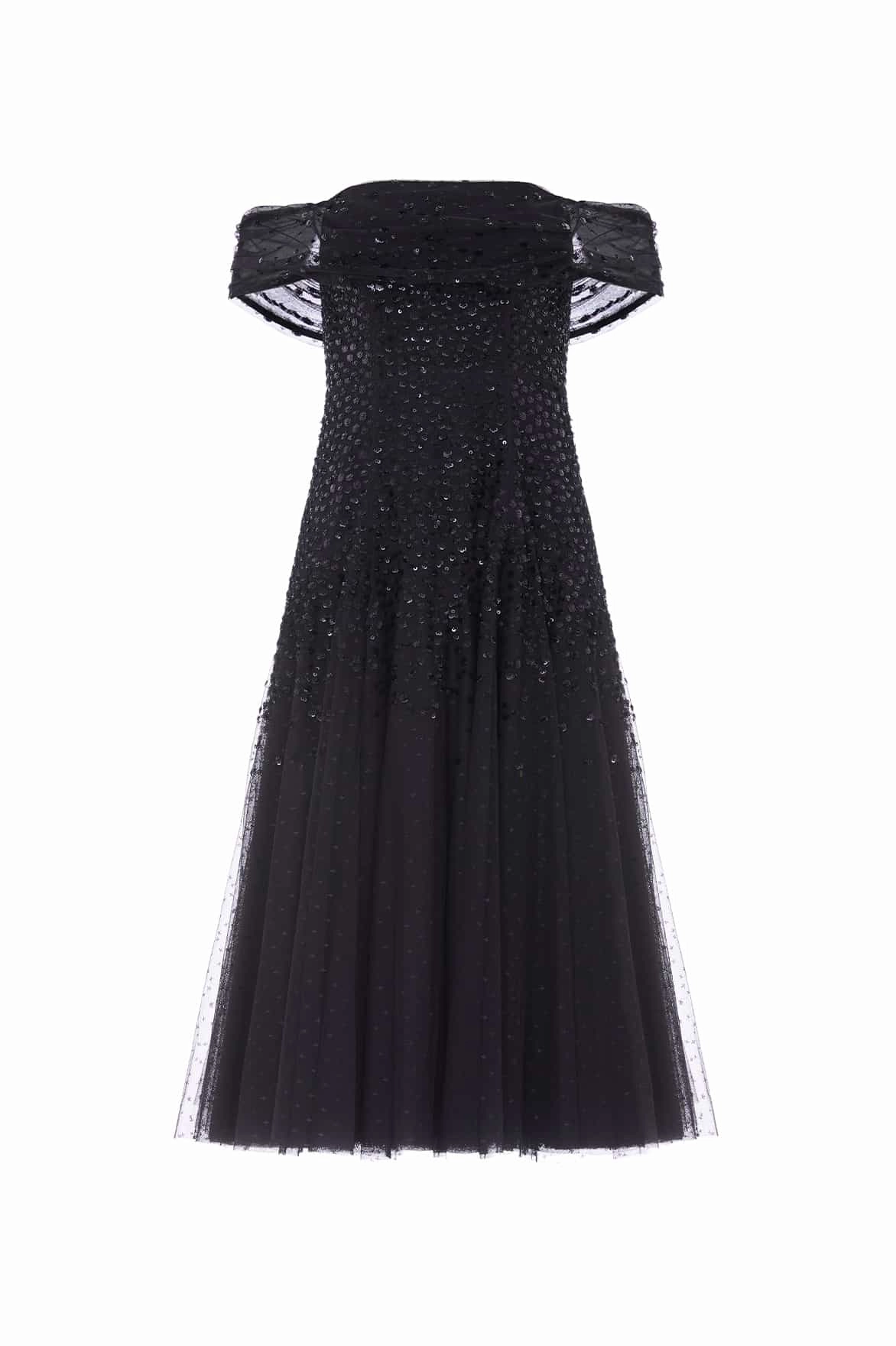 Easy Layering Piece Dappled Sequin Draped Off-Shoulder Midaxi Dress