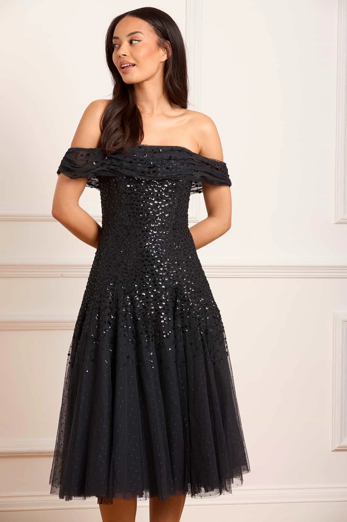 Dappled Sequin Draped Off-Shoulder Midaxi Dress Calm Energy Luxurious Texture