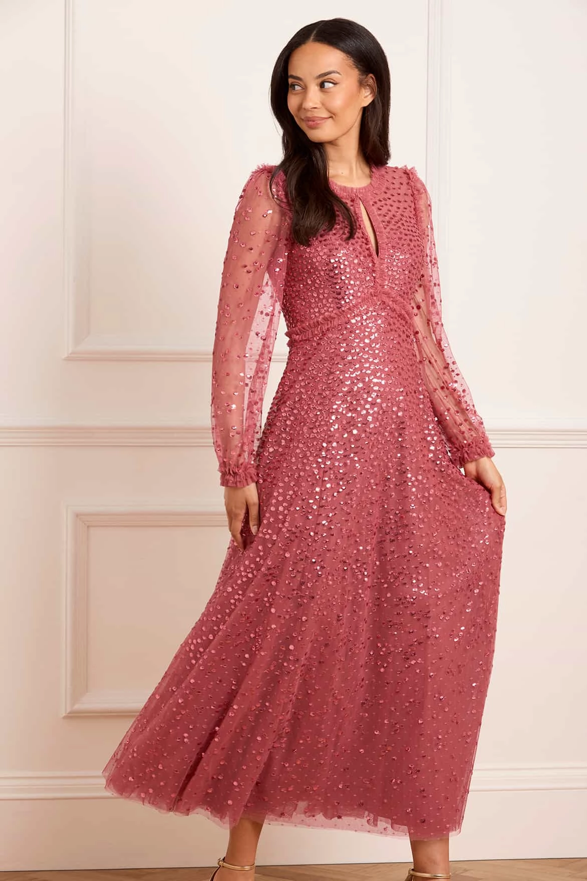 Dappled Sequin Long Sleeve Ankle Gown Light Layers