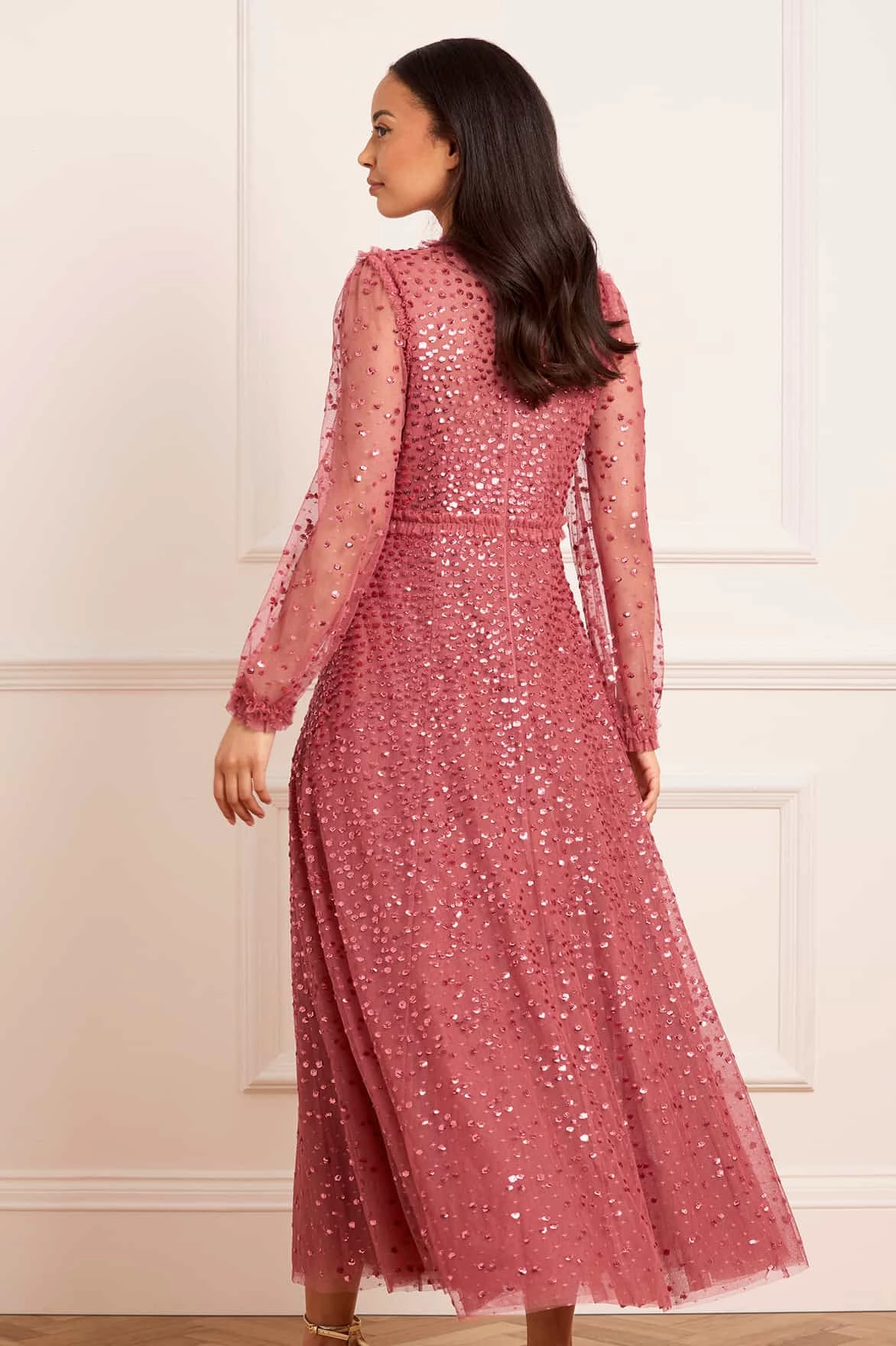 Textured Flow Dappled Sequin Long Sleeve Ankle Gown