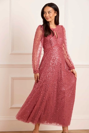 Dappled Sequin Long Sleeve Ankle Gown Travel Staple