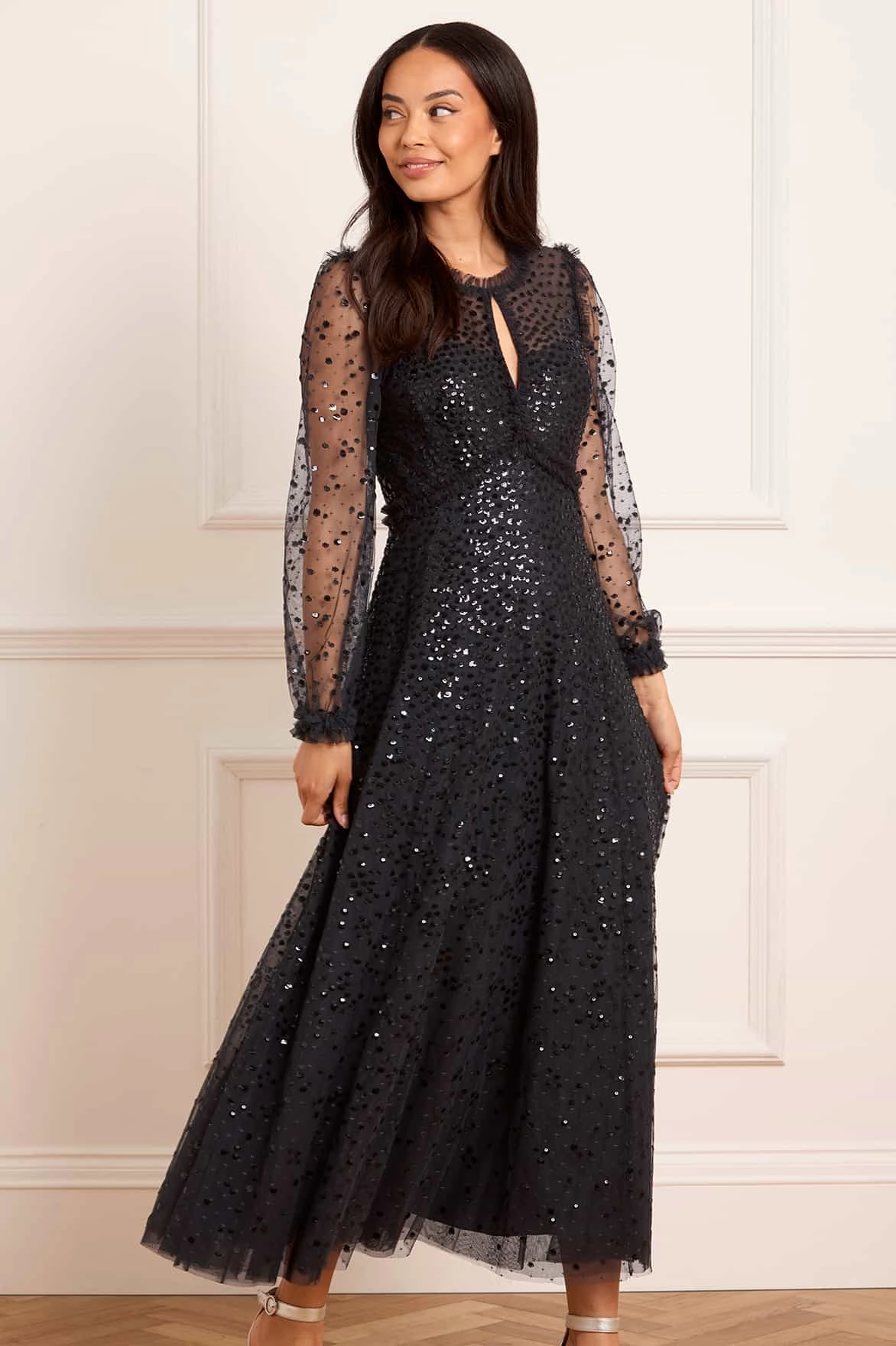 Dappled Sequin Long Sleeve Ankle Gown Lounge Texture Fresh Look