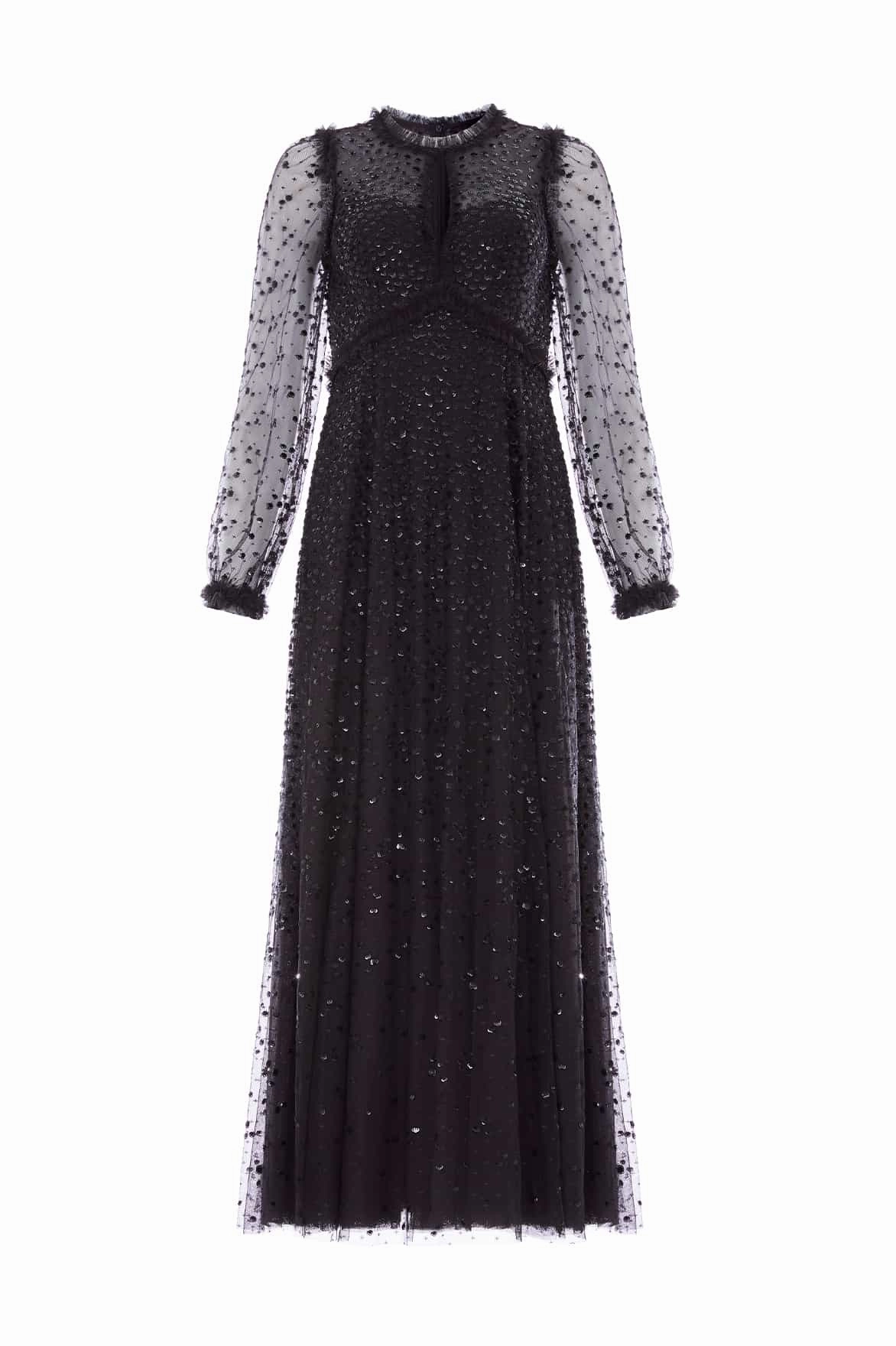 Mesh Soft Textured Flow Dappled Sequin Long Sleeve Ankle Gown
