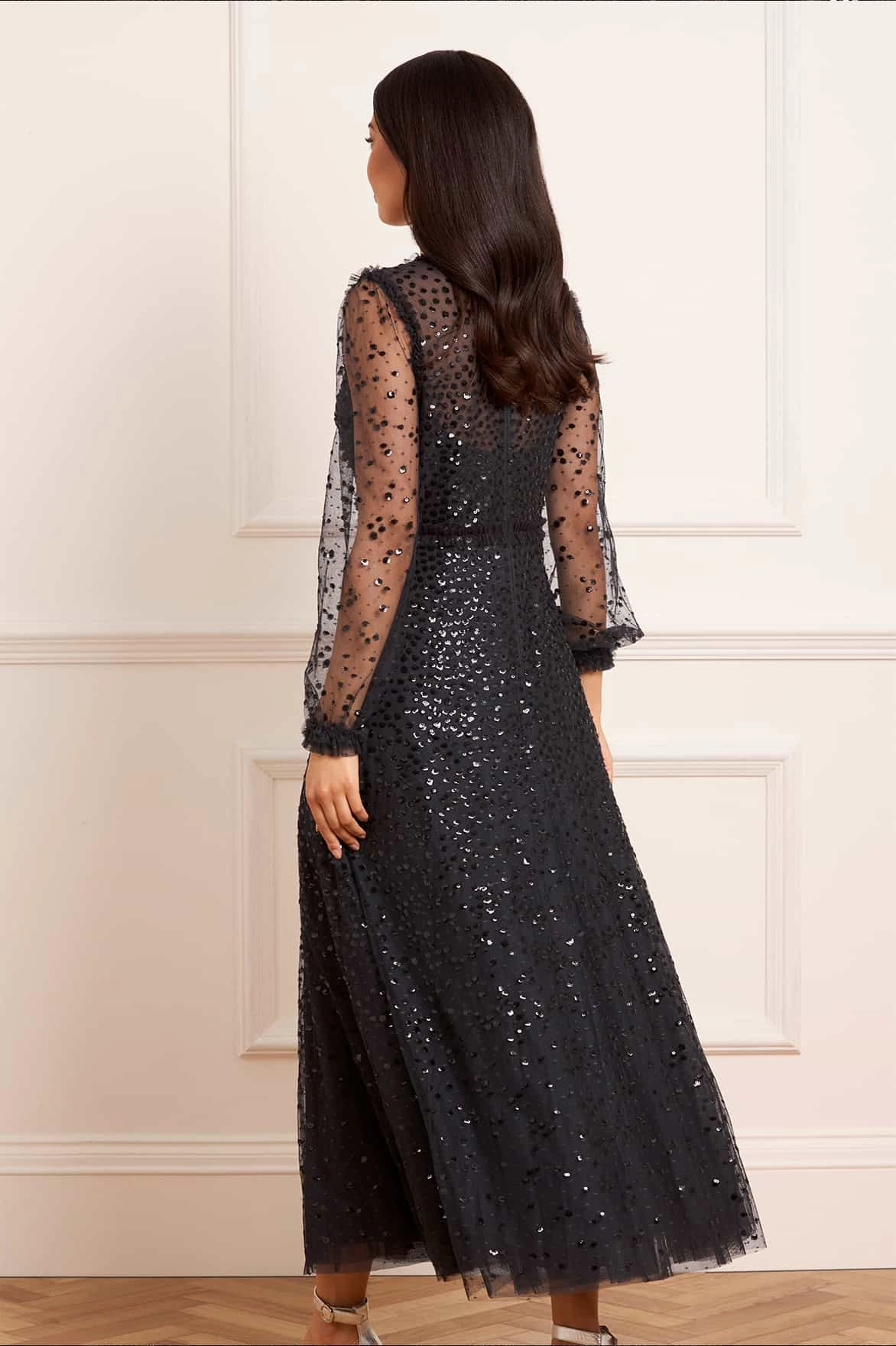 Textured Surface Bold Cut Dappled Sequin Long Sleeve Ankle Gown