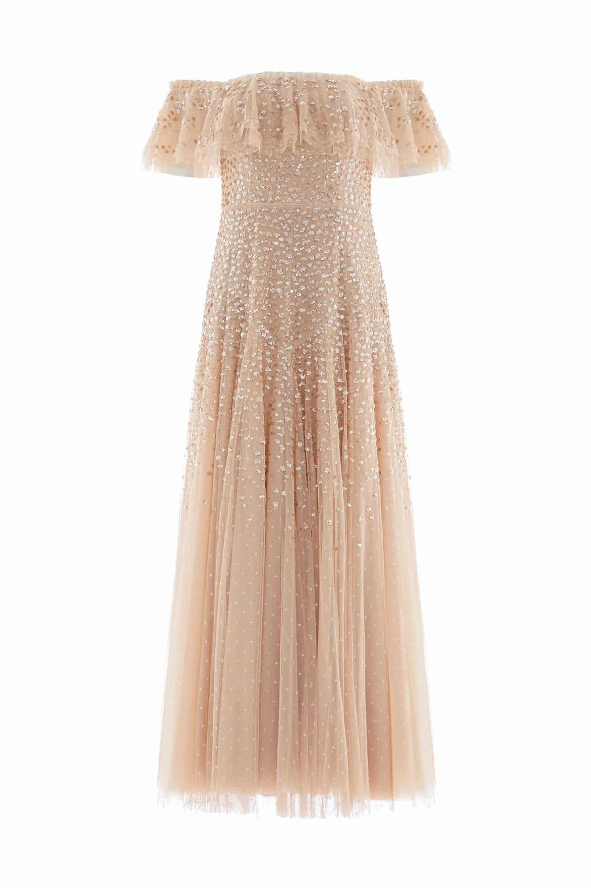 Move Easy Dappled Sequin Off-Shoulder Ankle Gown