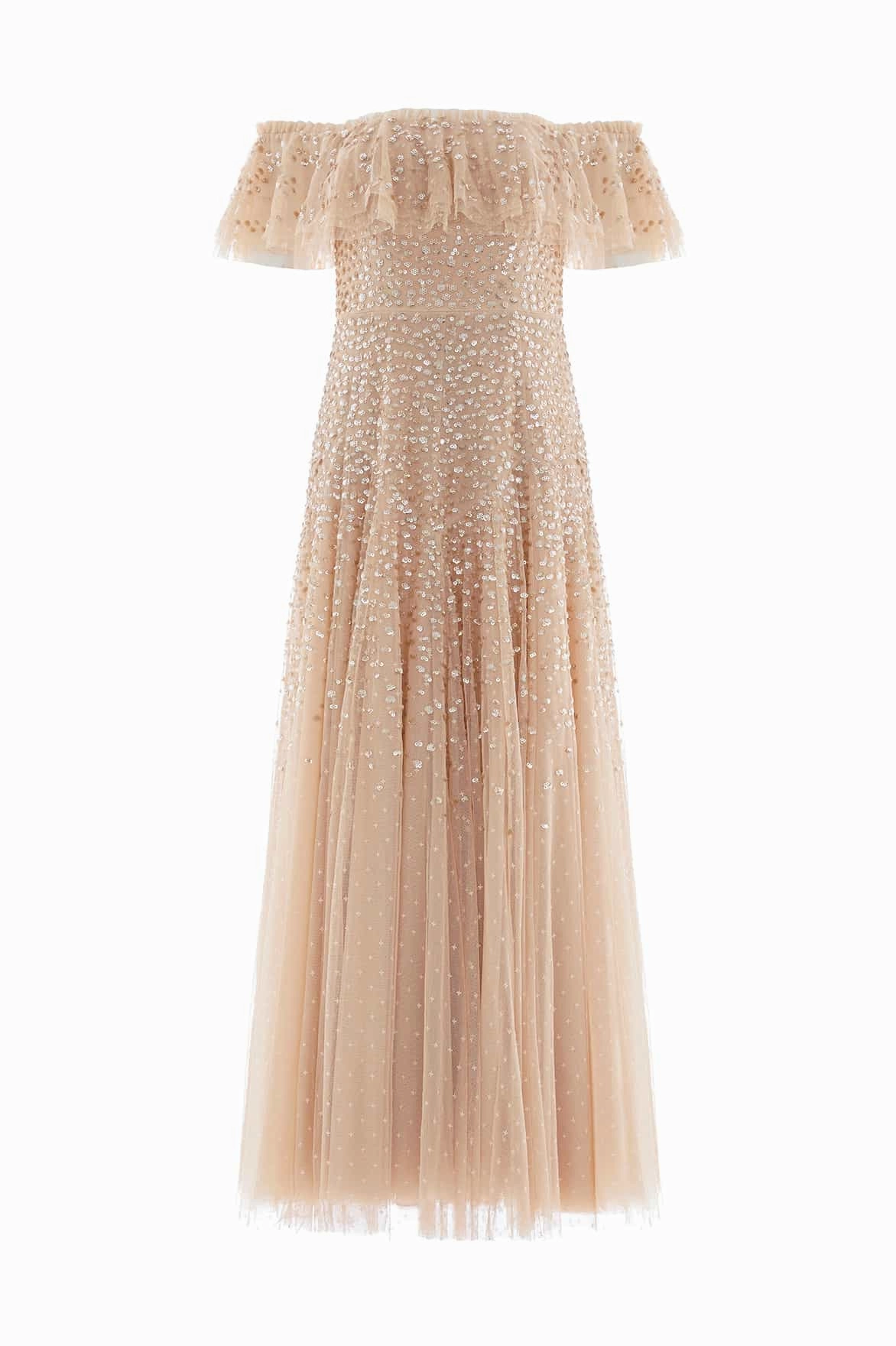 Dappled Sequin Off-Shoulder Ankle Gown Clear Blush