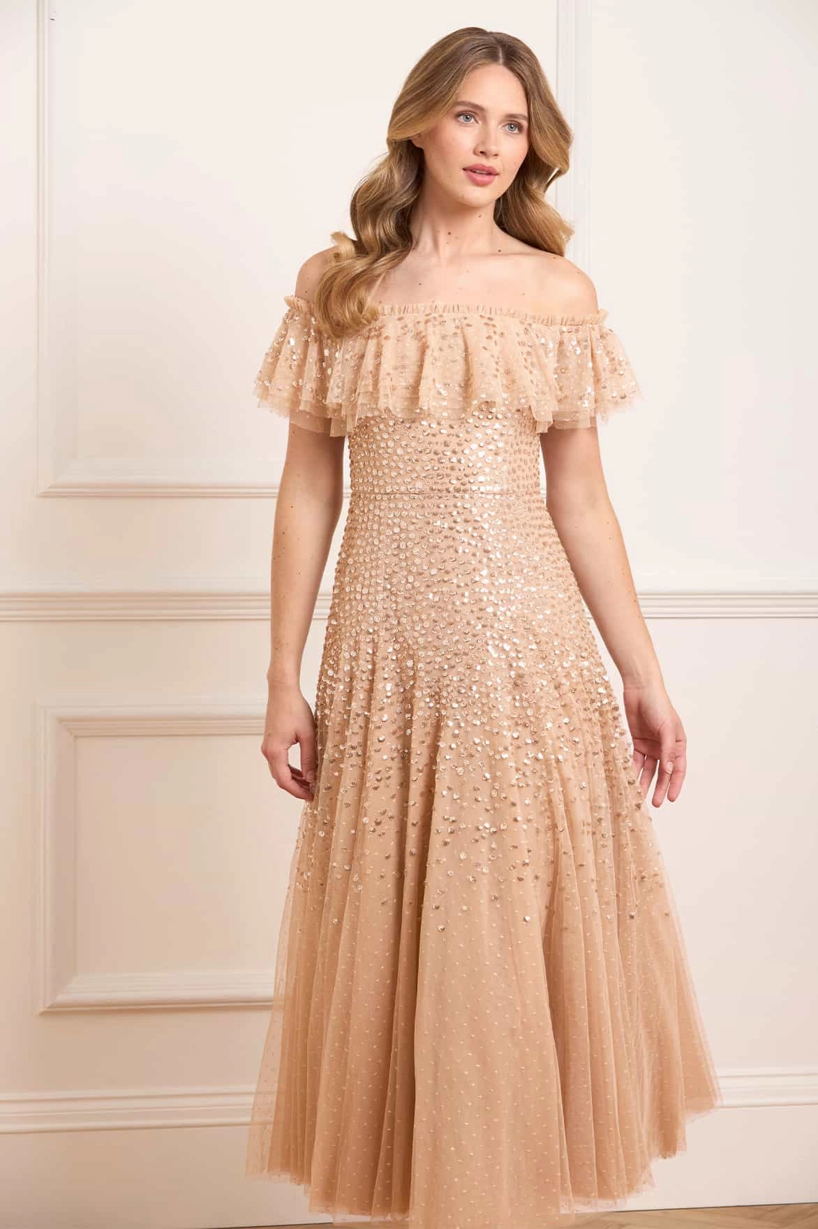 Dappled Sequin Off-Shoulder Ankle Gown Gentle Drape