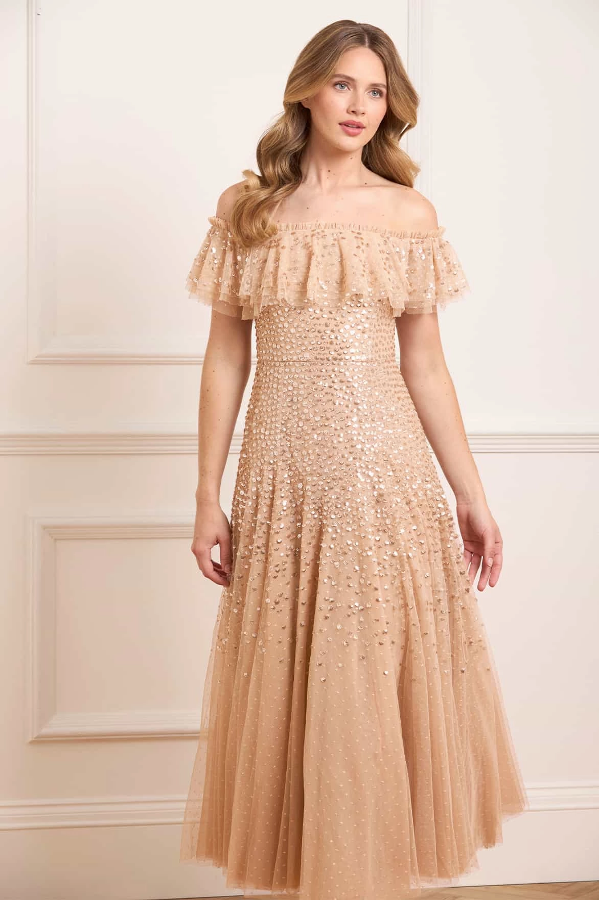 Dappled Sequin Off-Shoulder Ankle Gown Sweet Mood