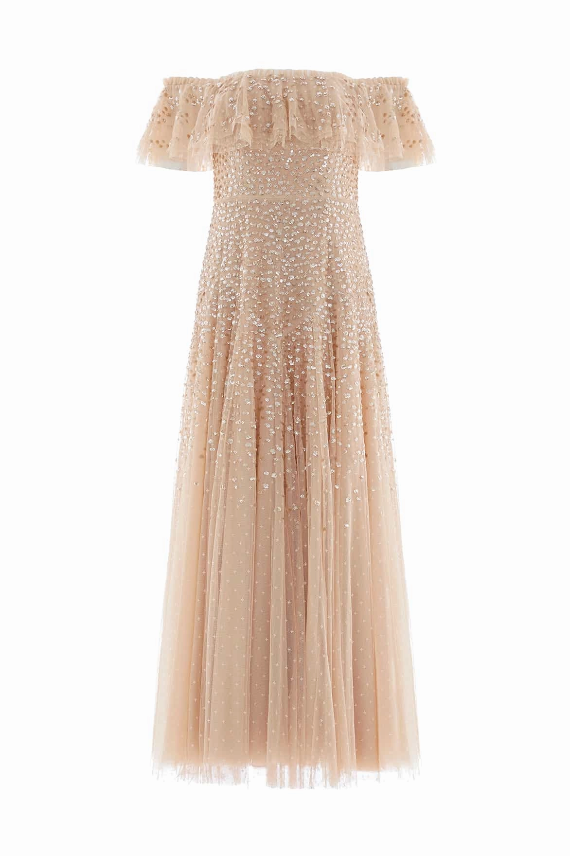 Dappled Sequin Off-Shoulder Ankle Gown Linen Soft