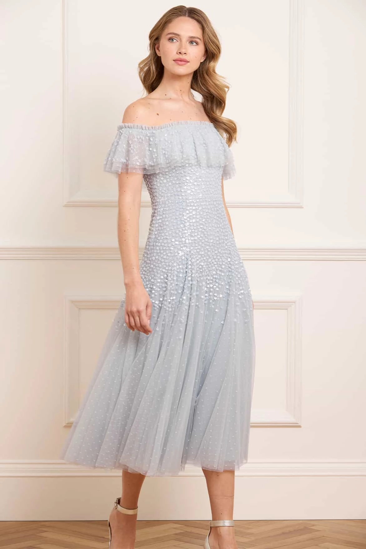 Sharp Finish Dappled Sequin Off-Shoulder Ballerina Dress
