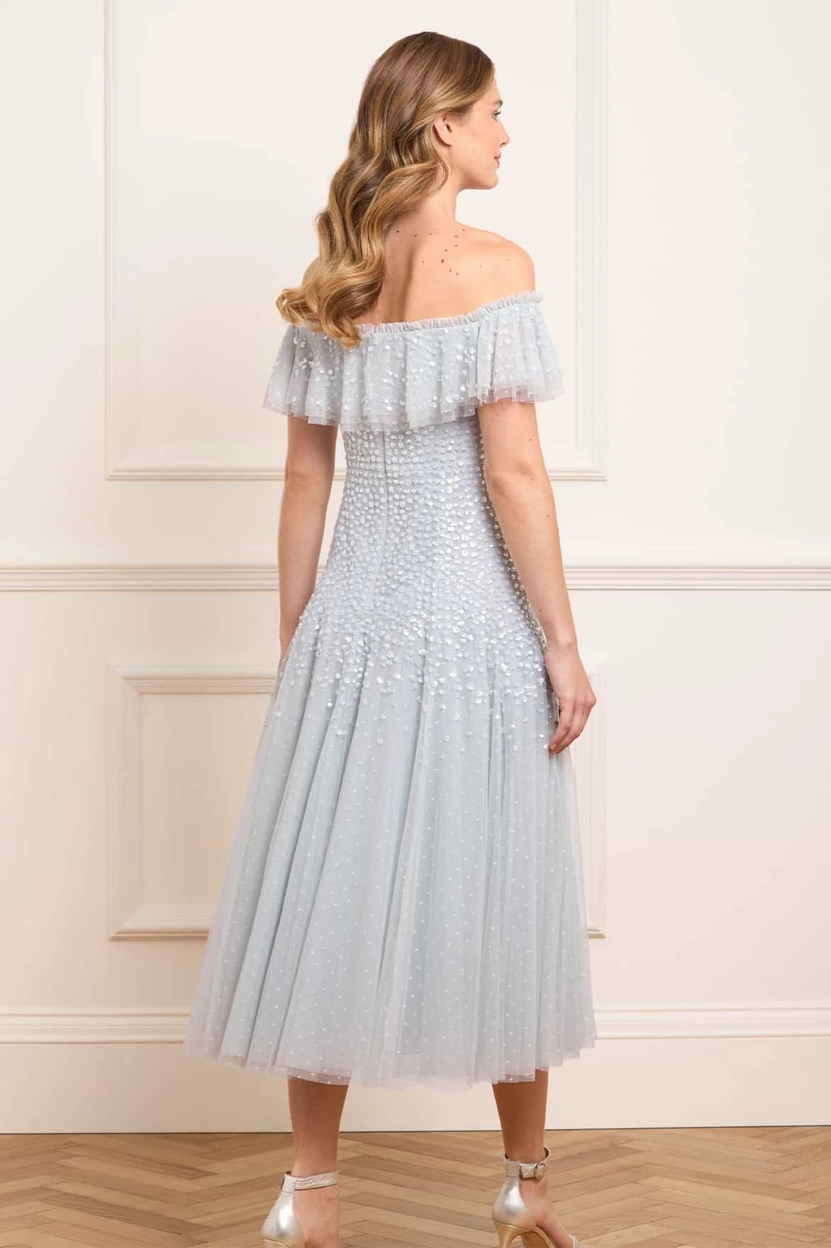 Dappled Sequin Off-Shoulder Ballerina Dress Striped-Pattern Cozy Texture