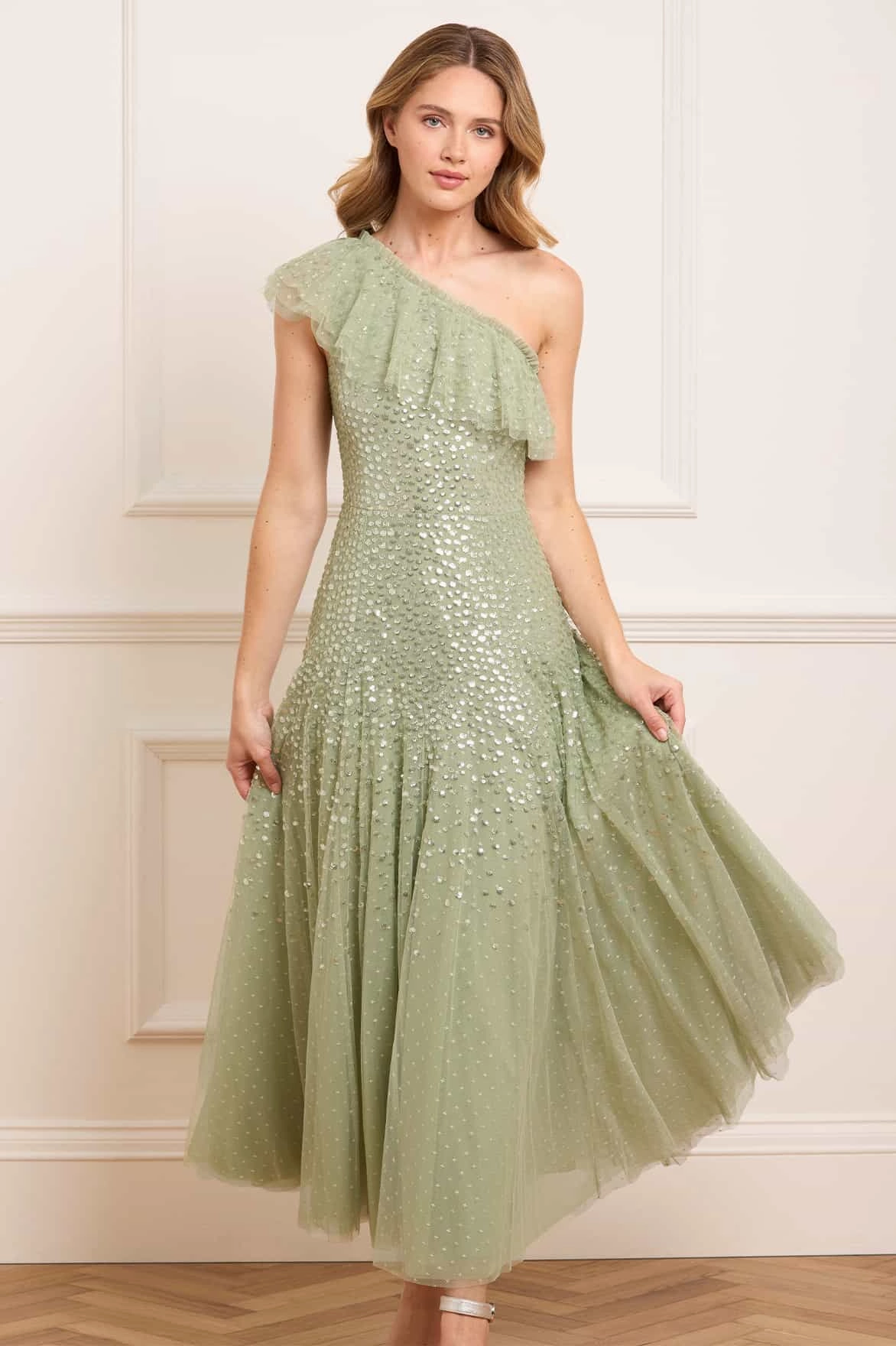 Dappled Sequin One-Shoulder Ankle Gown Hip-Flattering Chic and Cozy Wear