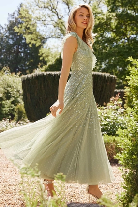 Summer Friendly Dappled Sequin One-Shoulder Ankle Gown