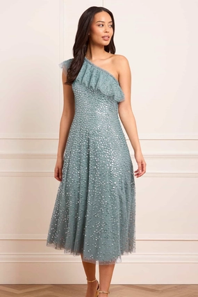 Chilly Comfort Metallic Finish Dappled Sequin One-Shoulder Ballerina Dress
