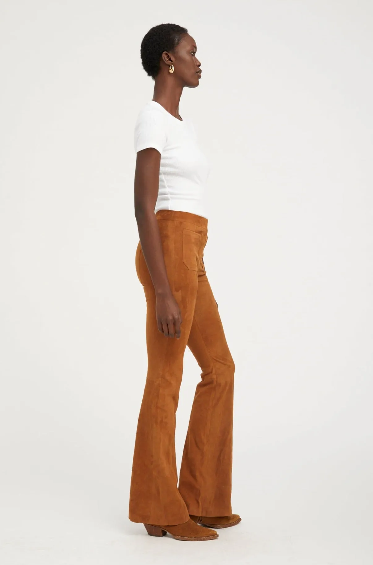 Clean Lines Dark Cognac Suede Patch Pockets Super Flare Pants