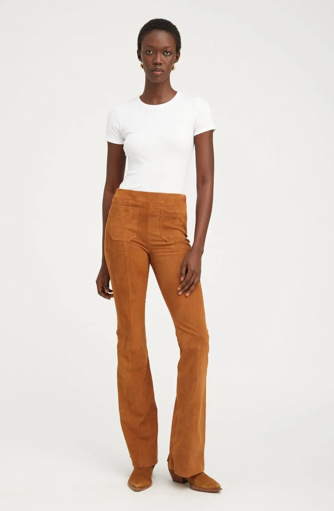 Quick Drying Dark Cognac Suede Patch Pockets Super Flare Pants