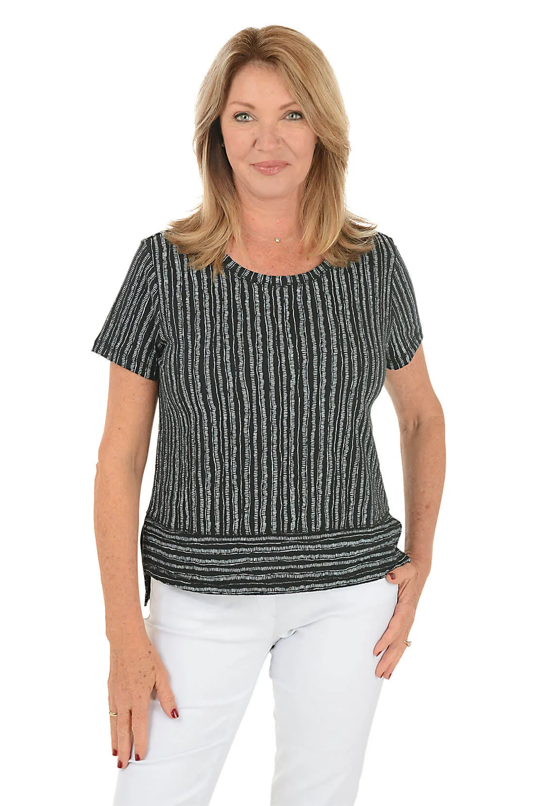 Dashed Stripes High-Low Tee Breathable Ventilation Casual Button-Down