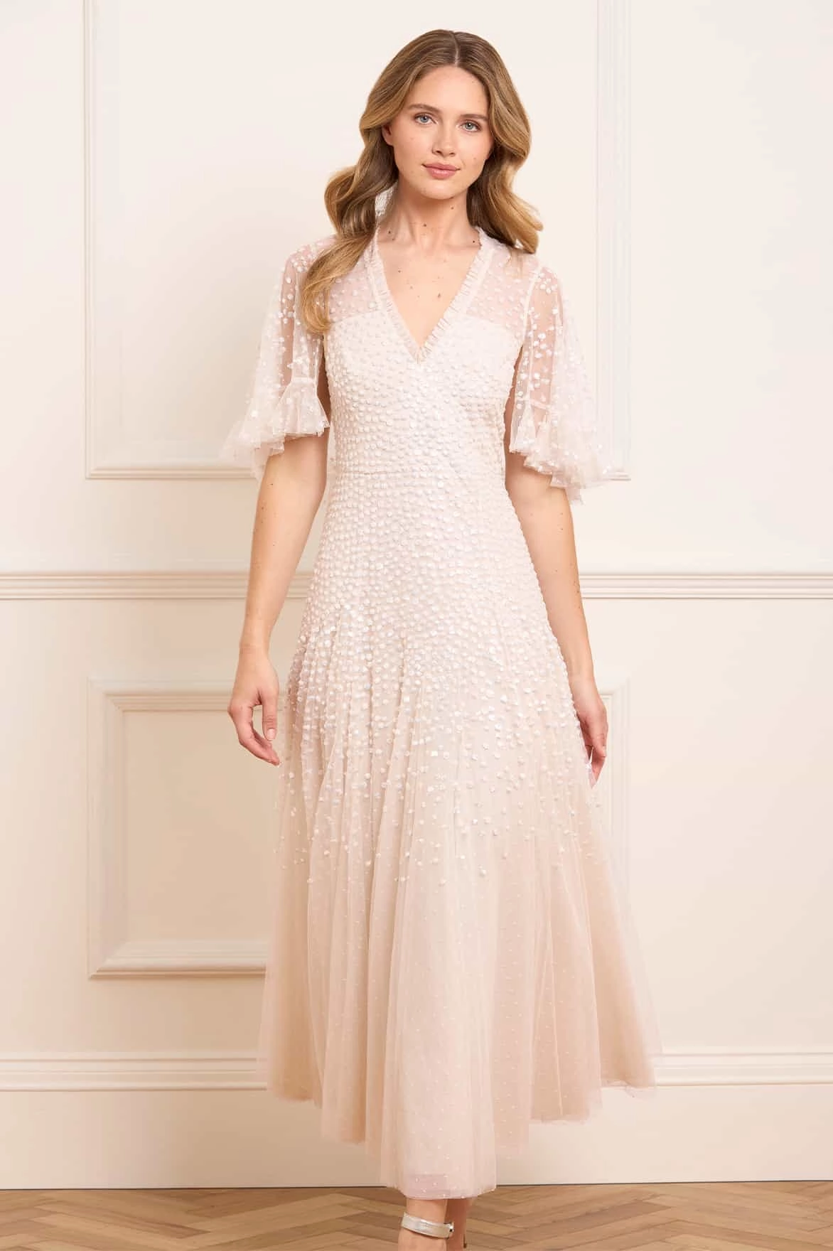 Soft Balance Simple Profile Dappled Sequin Cape Ankle Gown