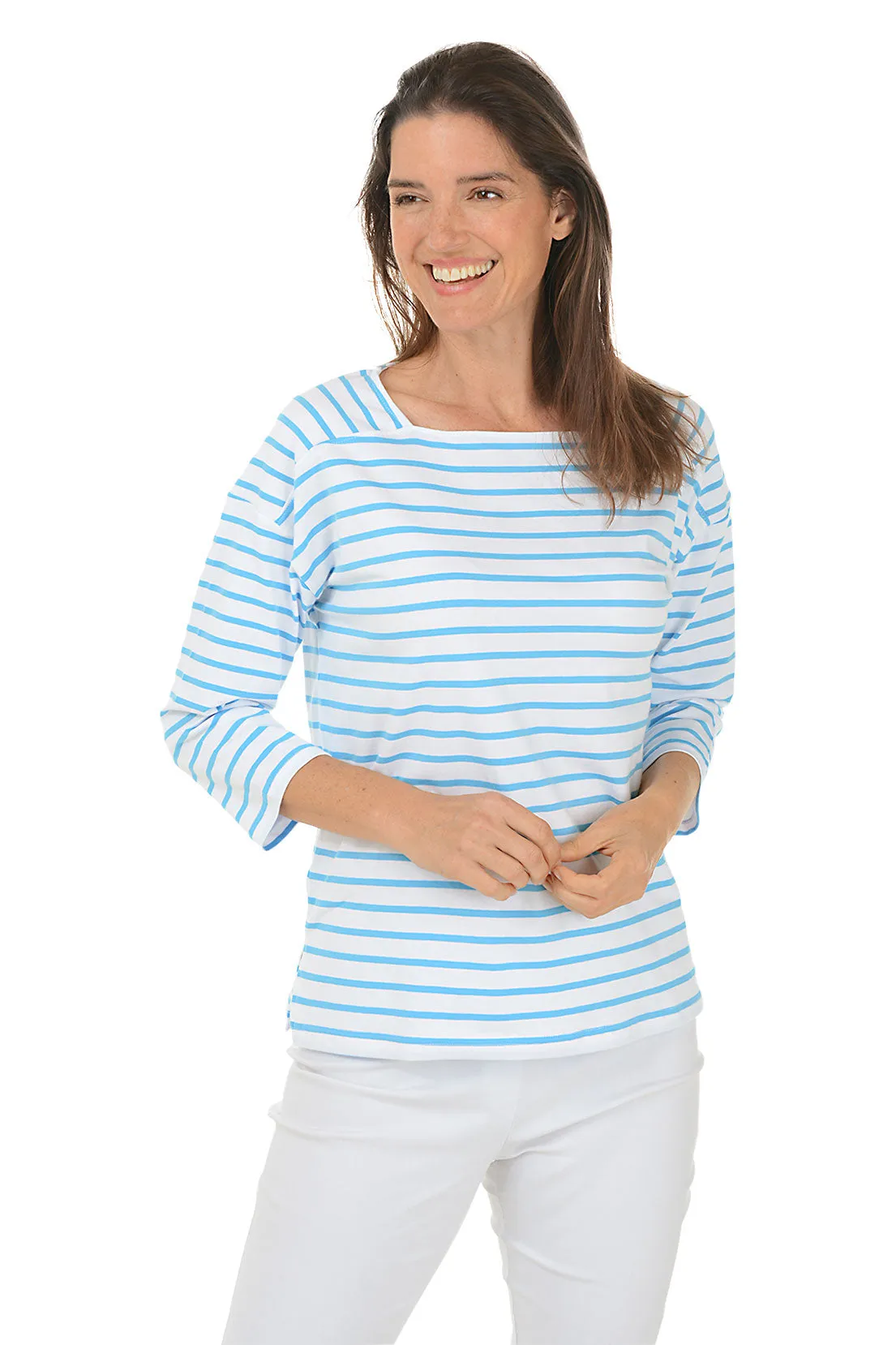 Durable Overlock Stitch Sustainable Production Methods Deep Sea Striped Boat Neck Top