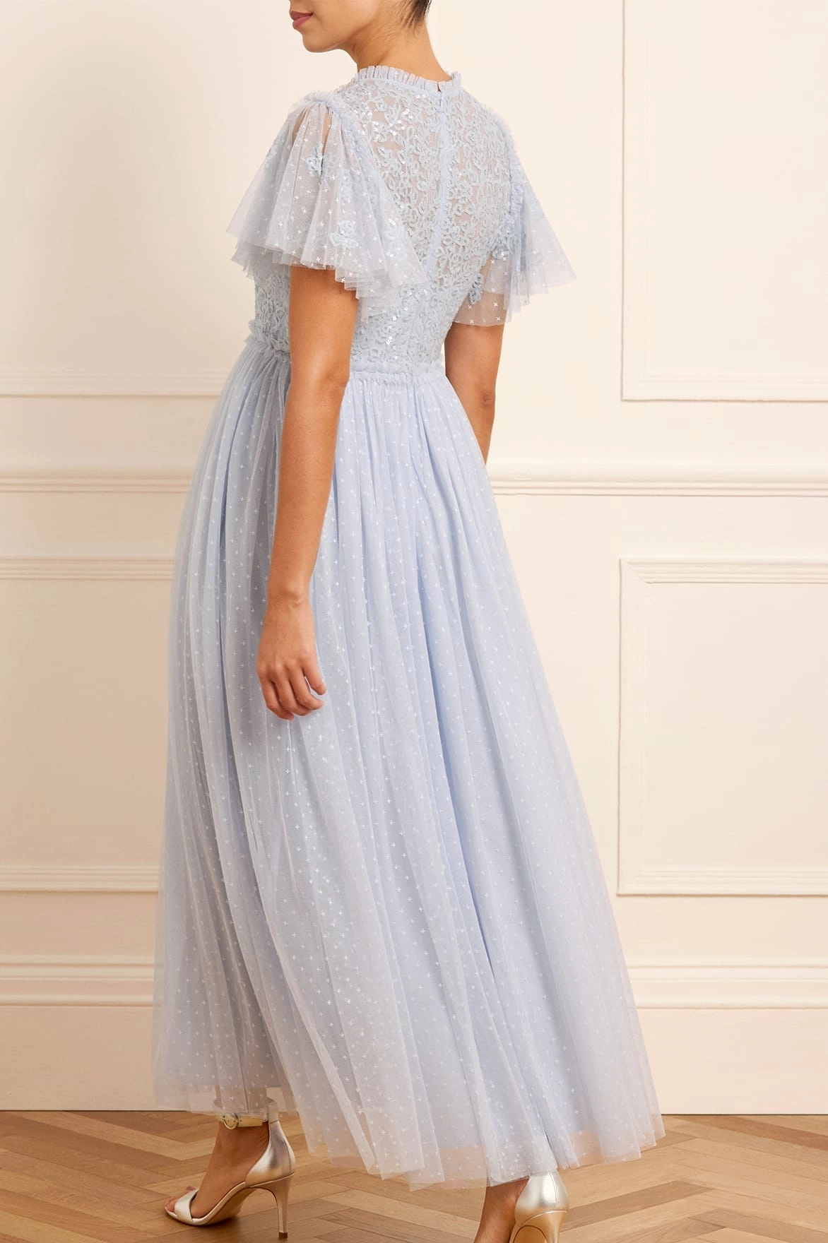 Floral Lace Bodice V-Neck Ankle Gown Silky Layer
