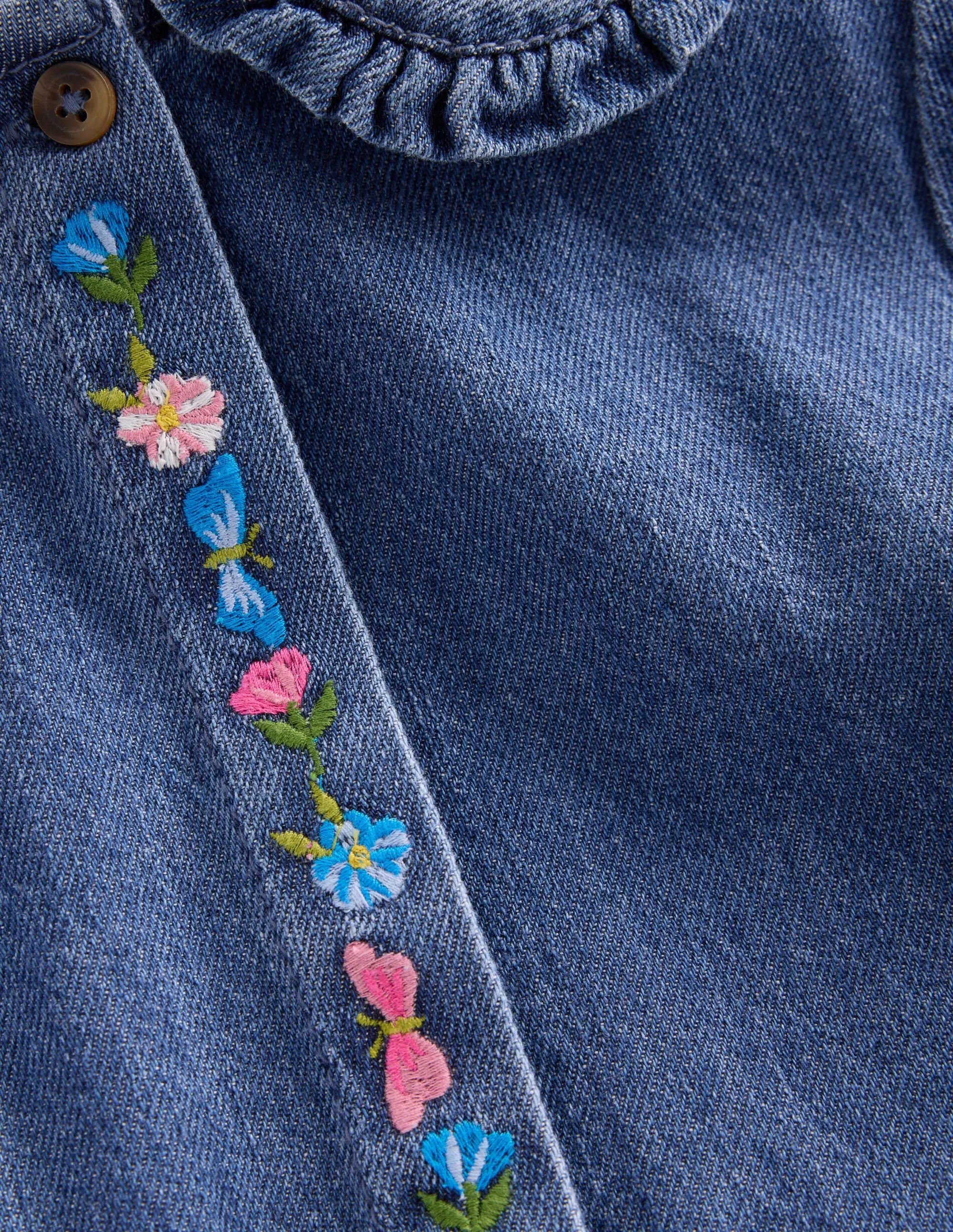 Vintage-Inspired Denim Embroidered Collar Dress-Mid Vintage Denim