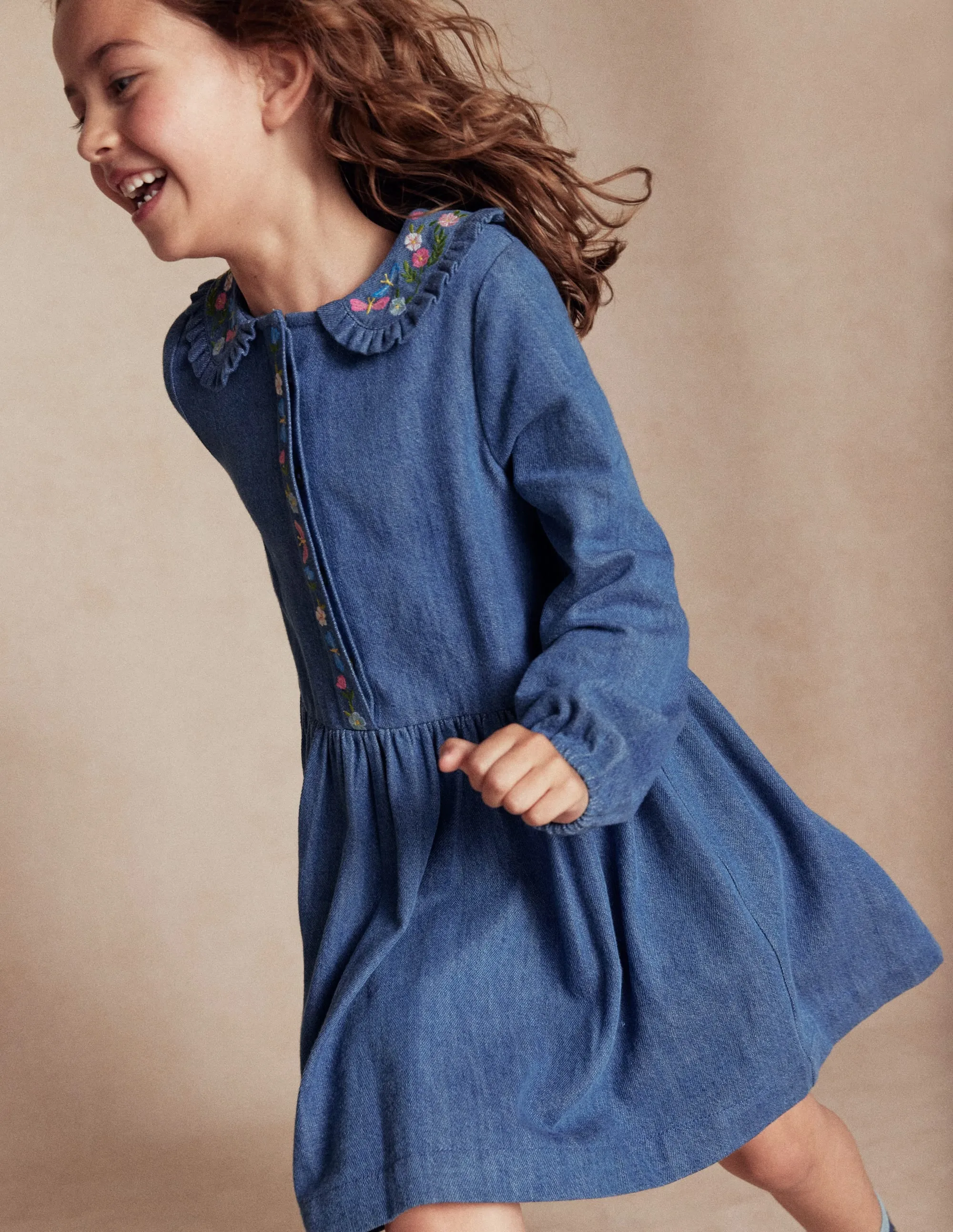 Denim Embroidered Collar Dress-Mid Vintage Denim Water-resistant Free Step