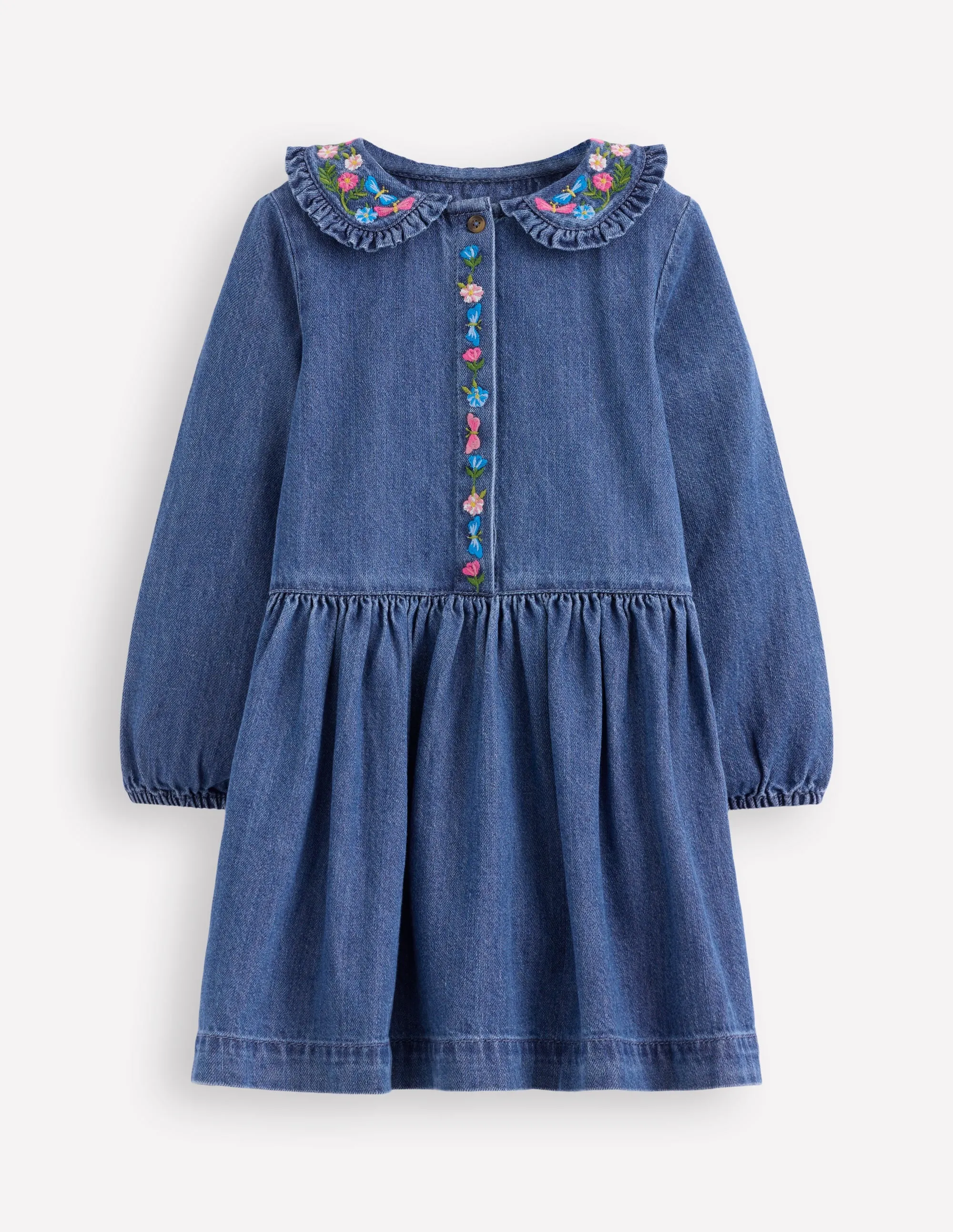 Denim Embroidered Collar Dress-Mid Vintage Denim All-Occasion Wear Timeless Comfort