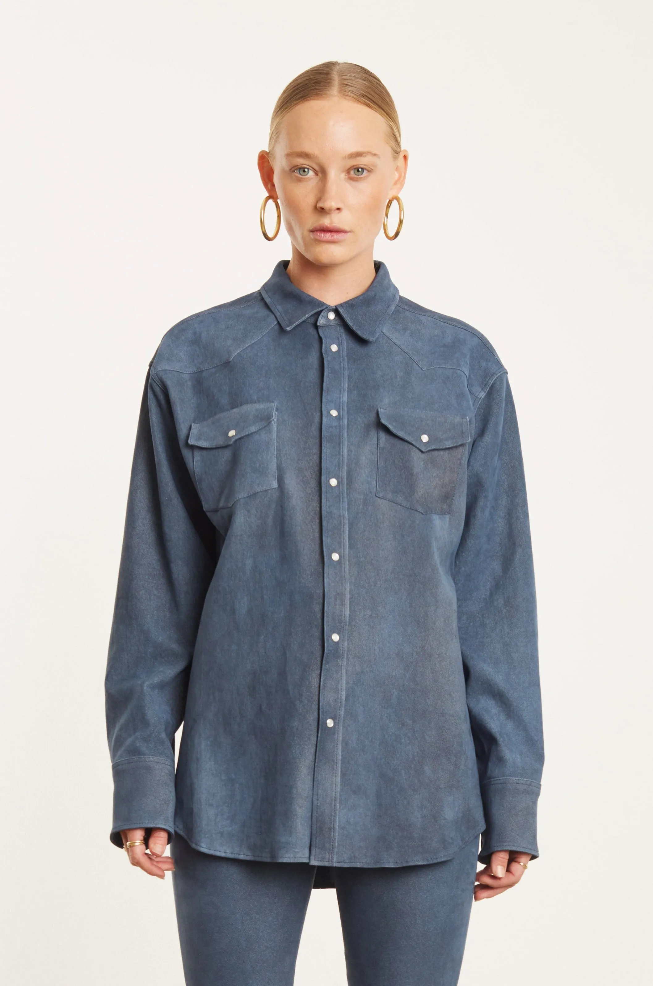 Ribbed Neckline Denim Suede Western Button Down