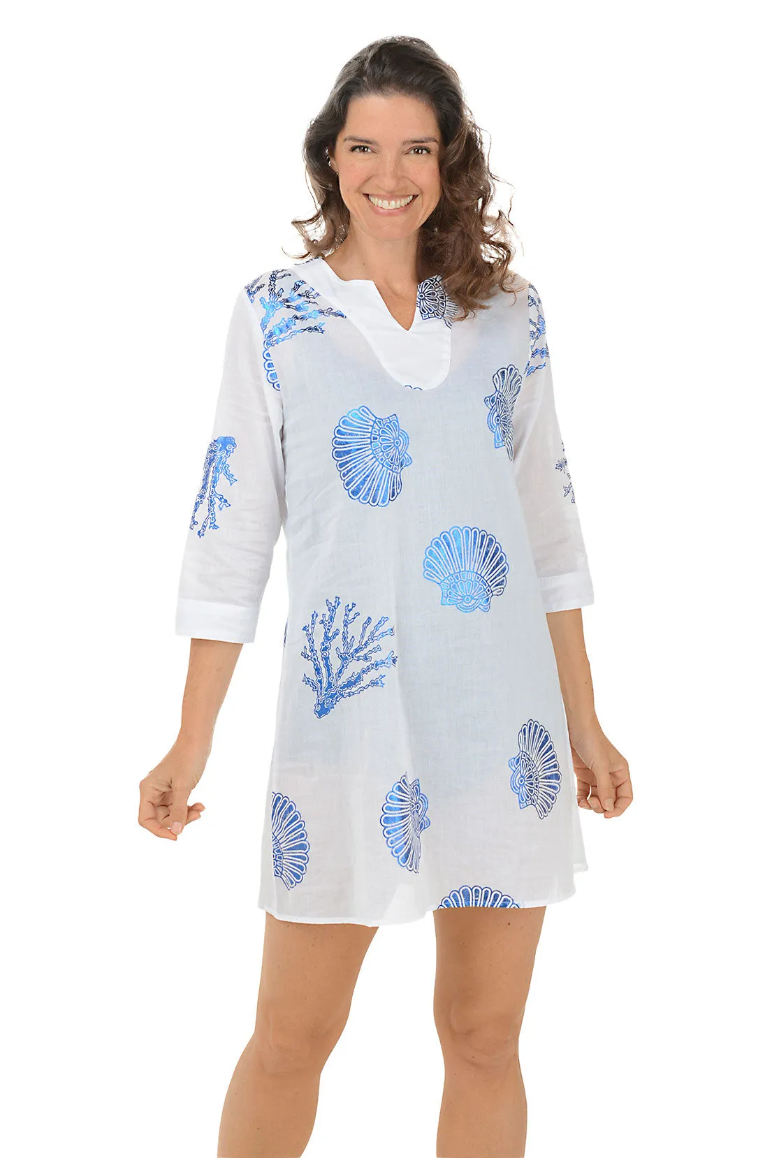 Blue Foil Shell Cover-Up Drop Shoulder
