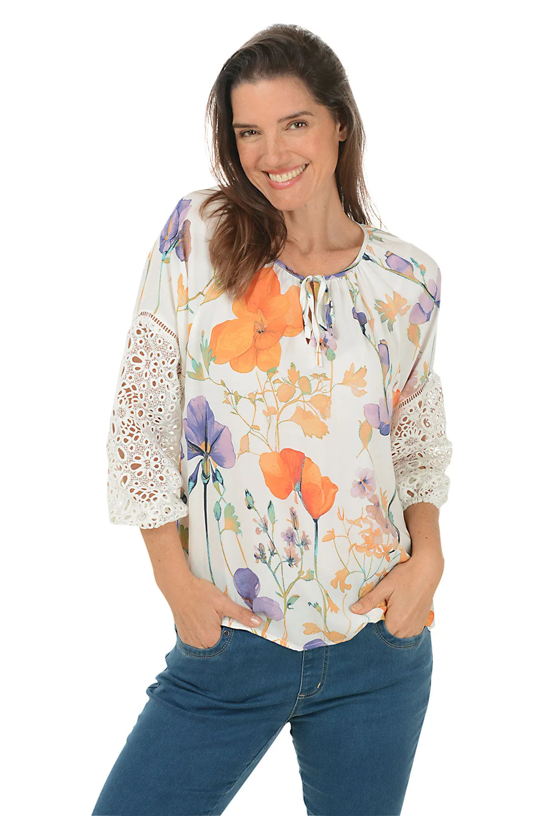 Ribbed Knit Fabric Diffused Orchid Eyelet Lace Sleeve Blouse