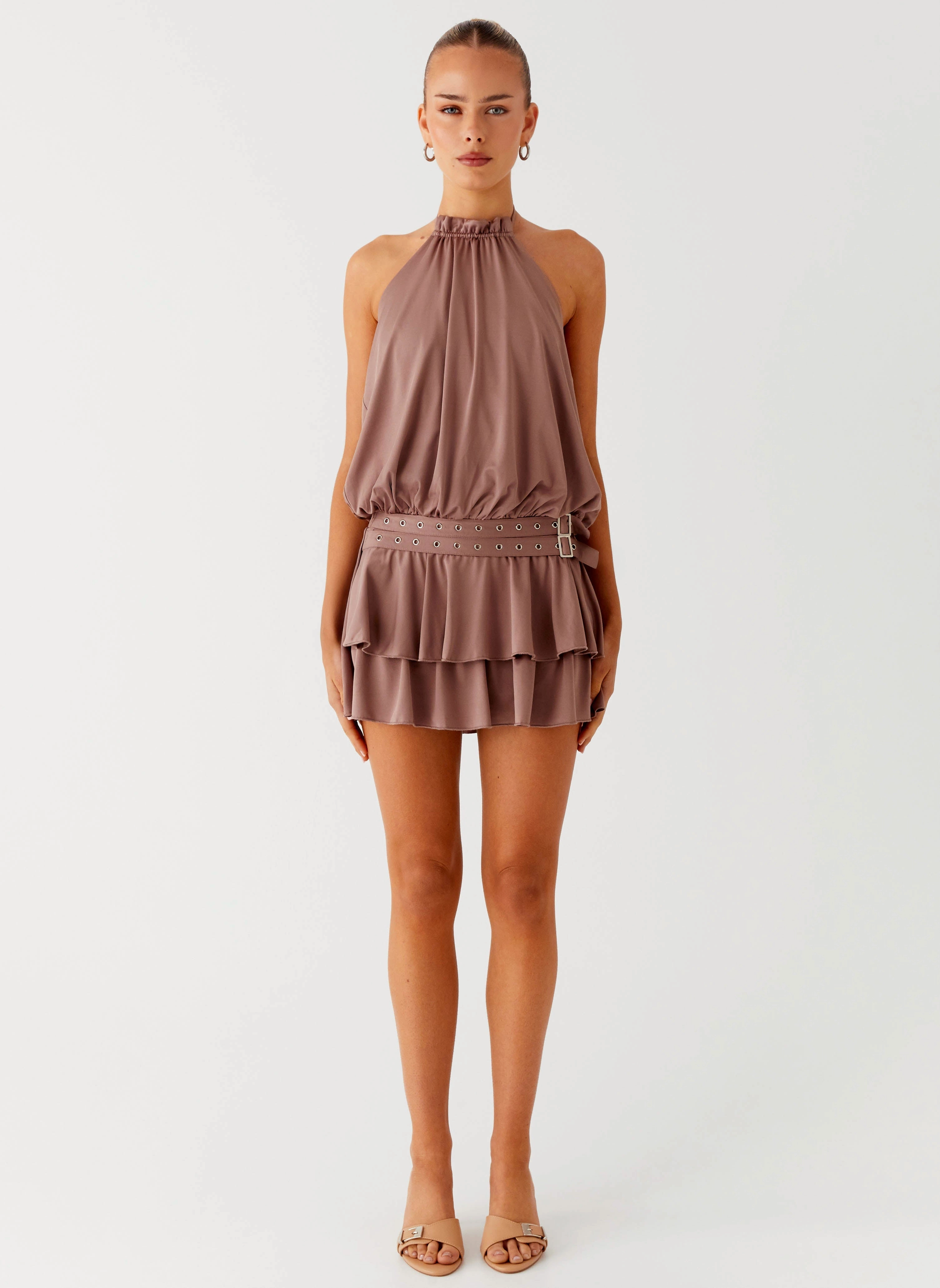 Dopamine Belt Mini Dress - Taupe